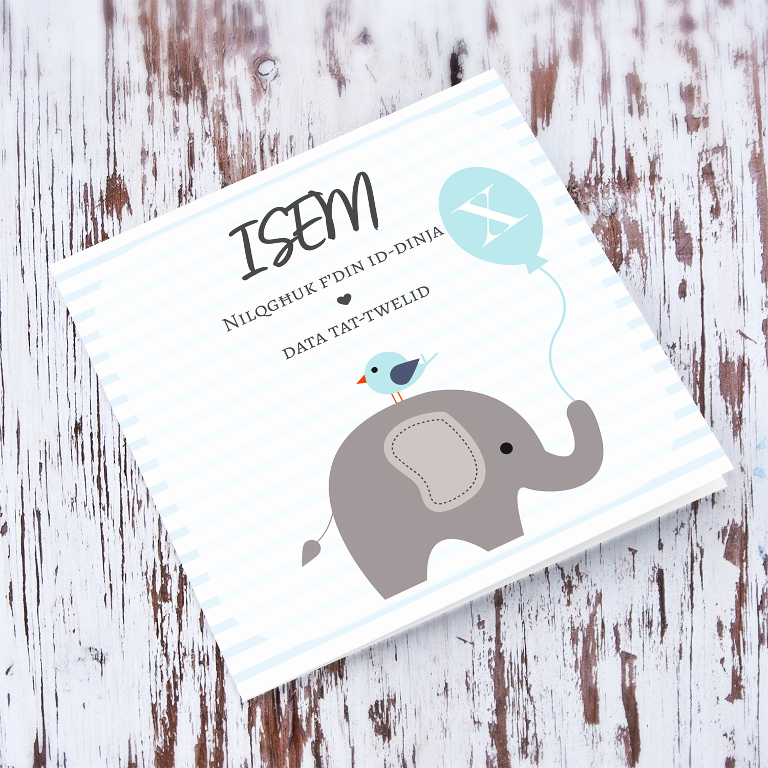 Blue and white striped background with bird and elephant holding balloon with initial new born card for boys in Maltese (Personalisable)