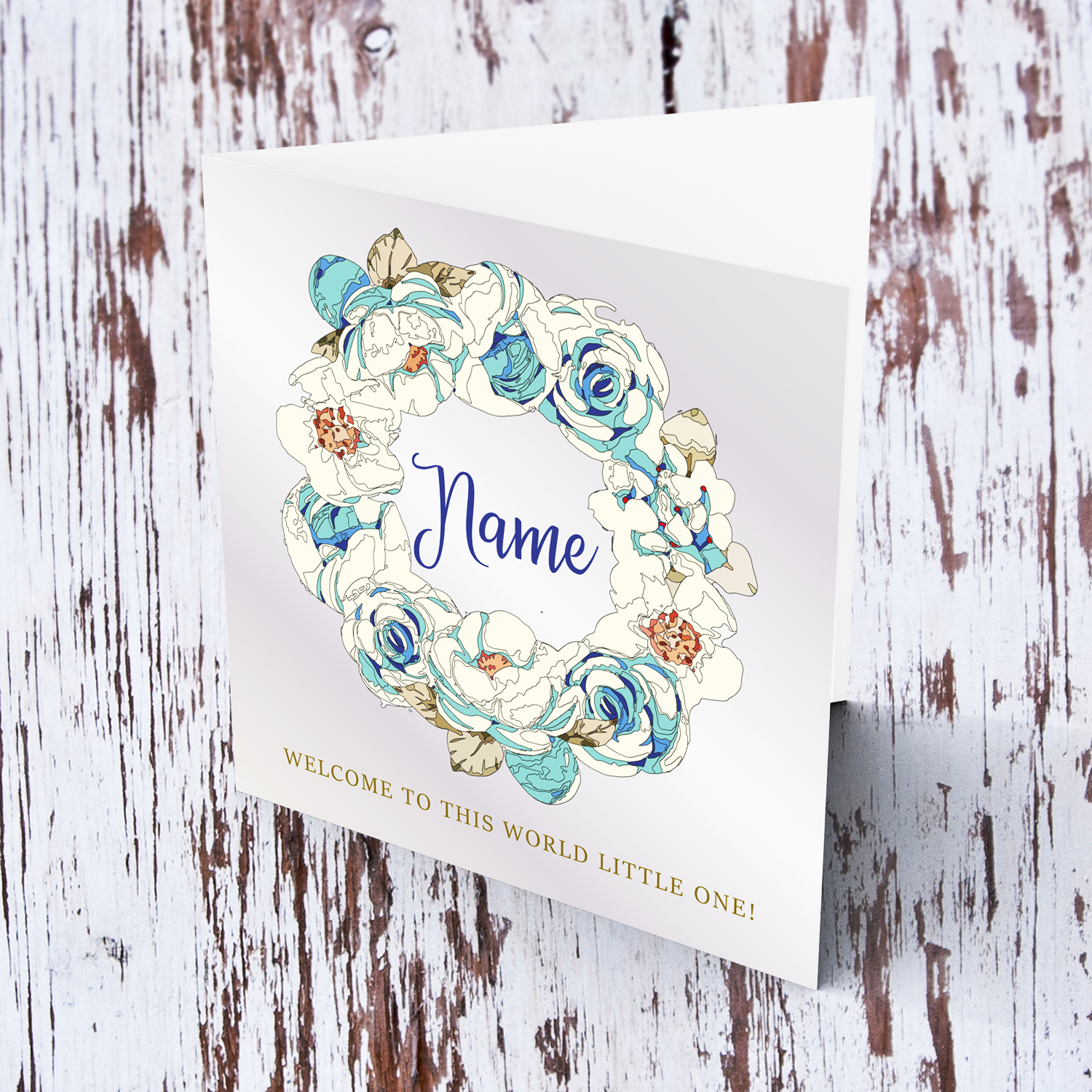 Tones of blue floral wreath new born card for boys in English