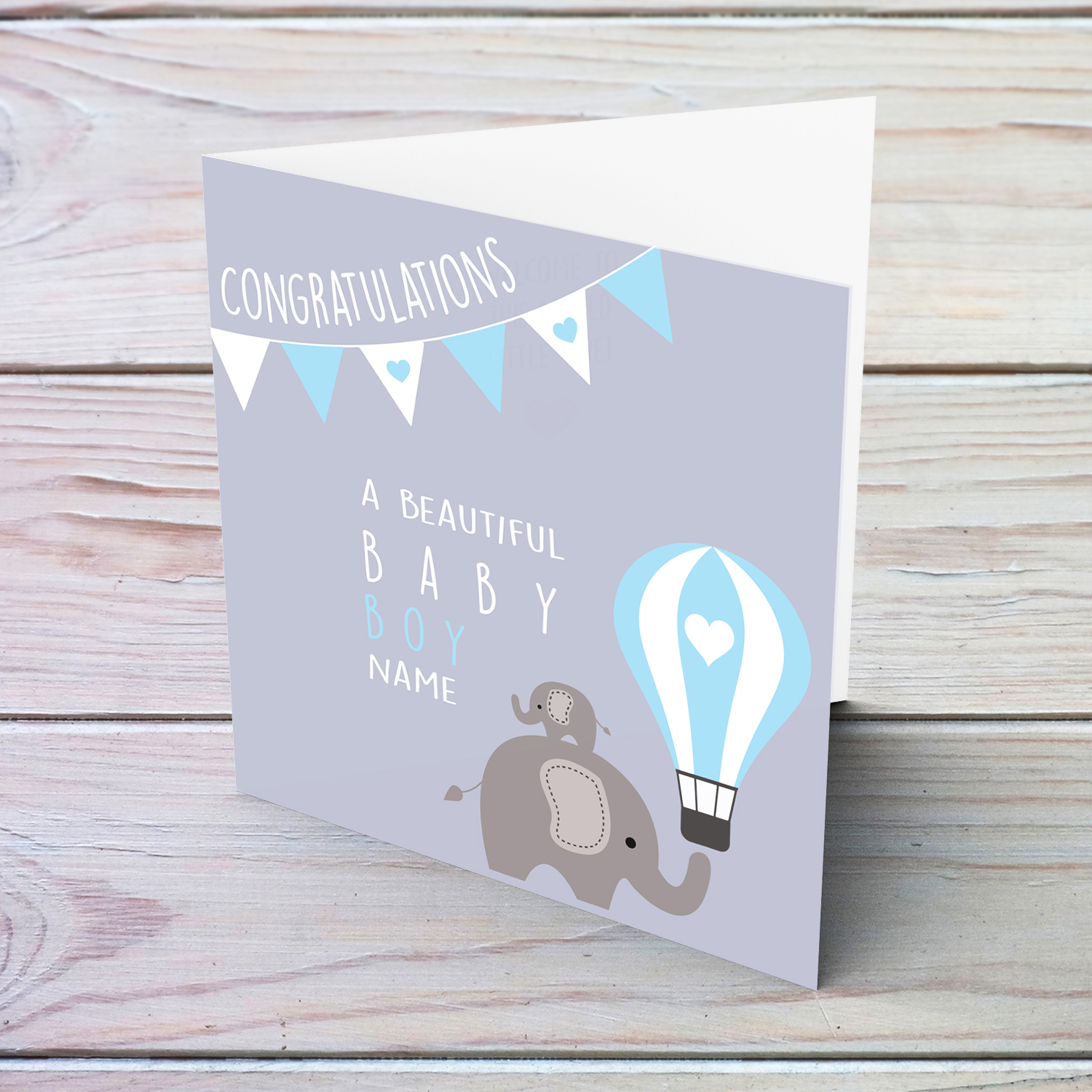 Elephant, hot air balloon with bunting - new born personalisable card for boys