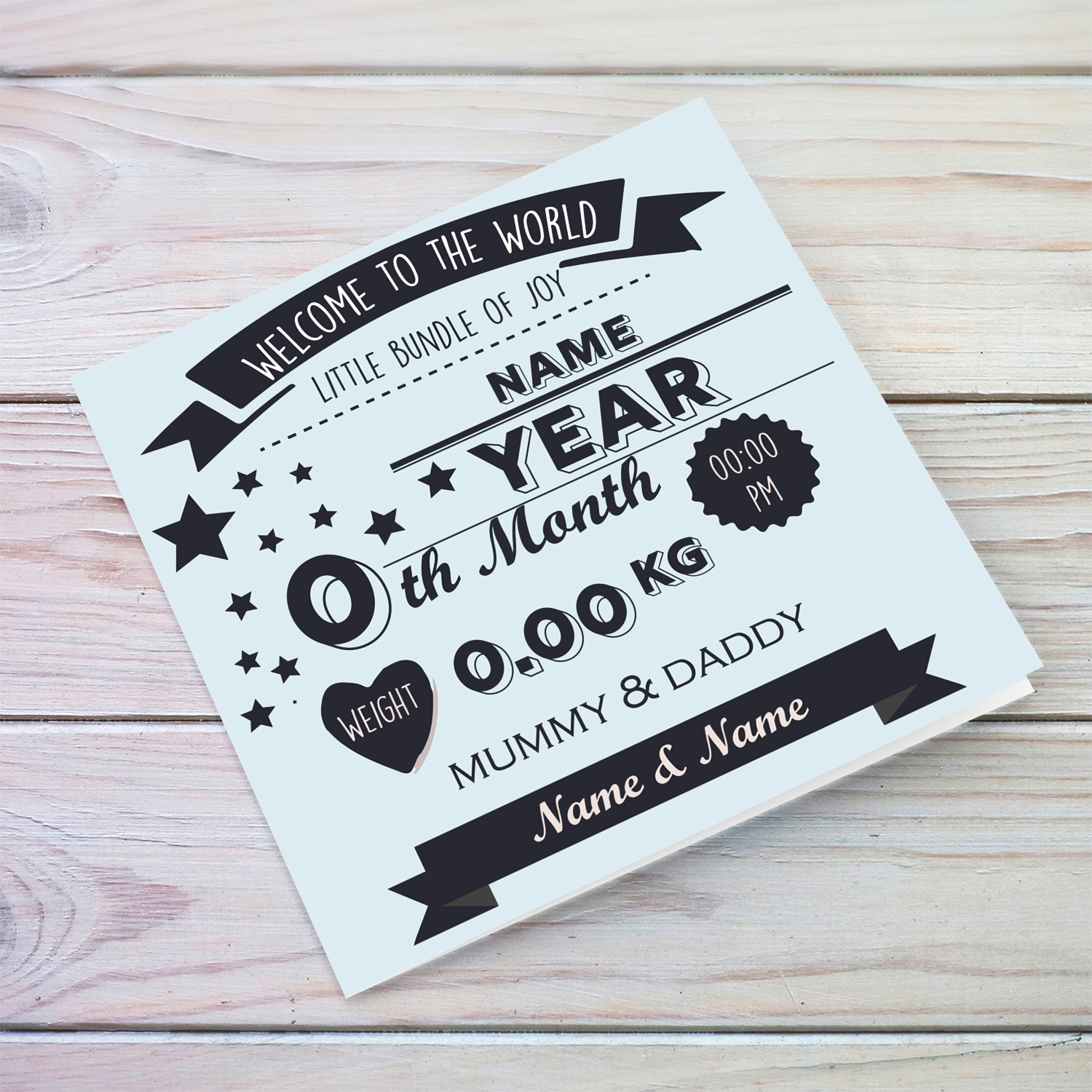 A beautiful memento card for a new born baby boy in English (Personalisable)