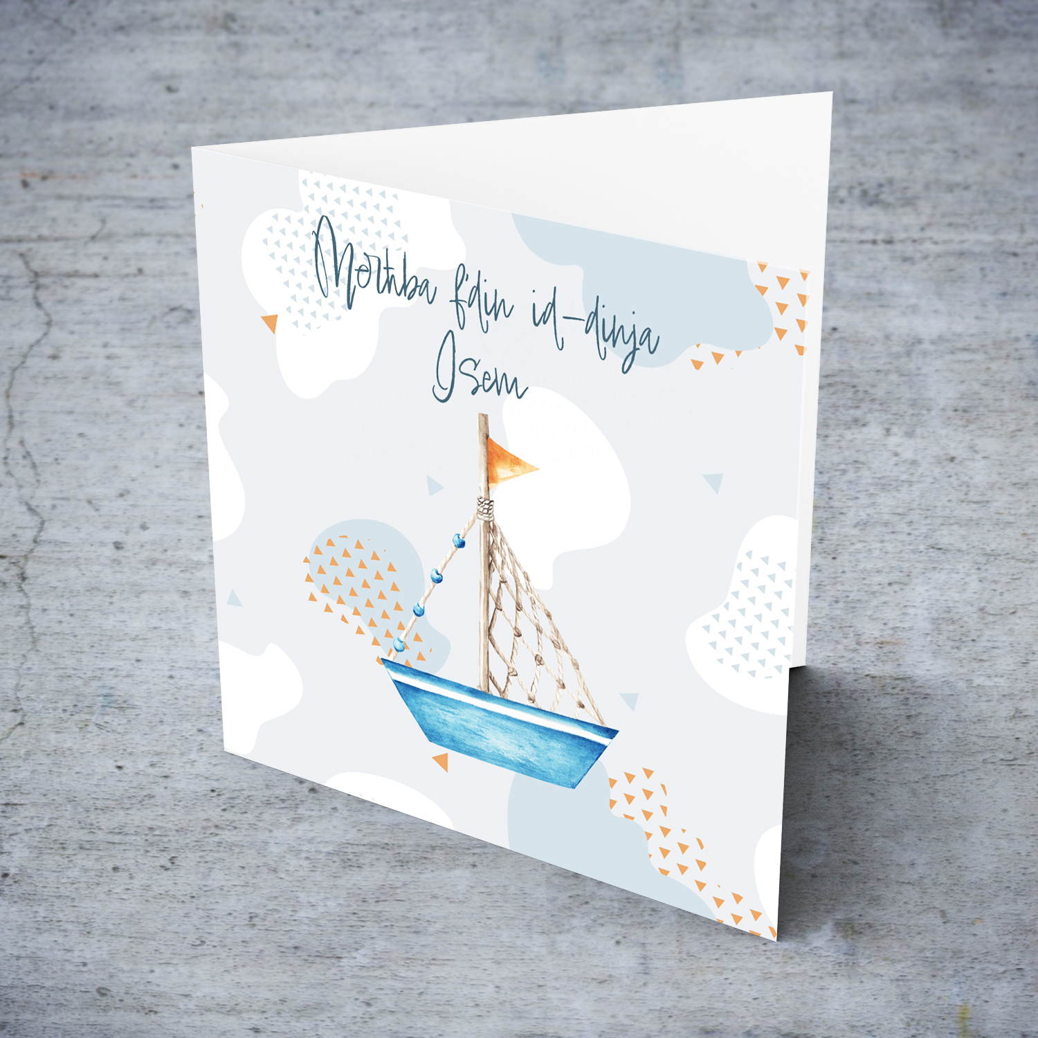 Sailing boat themed new born card for boys in Maltese