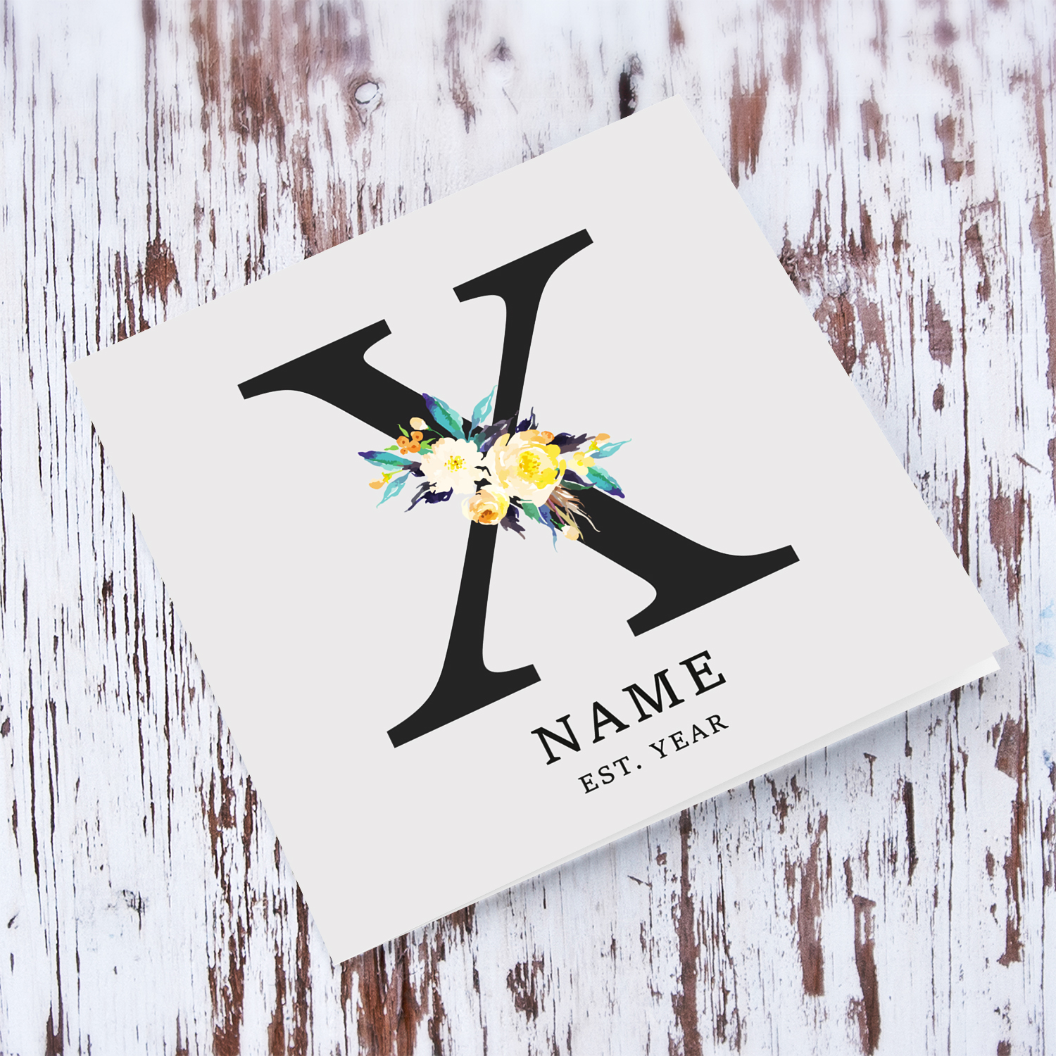 Initial new born card for boys with blue / white flowers in English