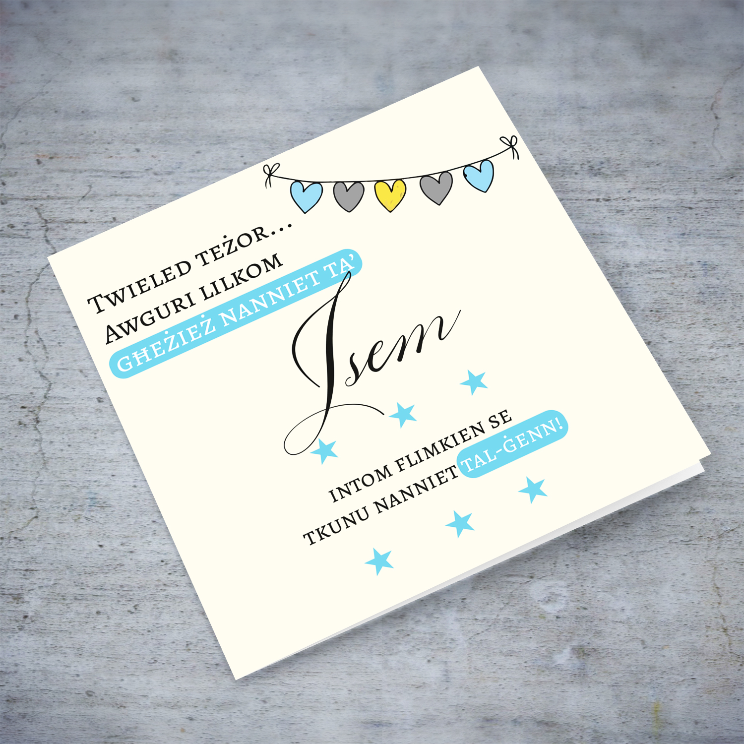 Heart bunting new born card - baby boy grandson- for grandparents in Maltese (Personalisable)