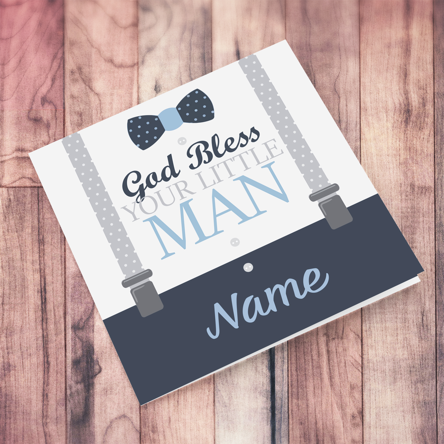 A personalisable new born card for boy, with cute bow in shades of light gray and blue in English