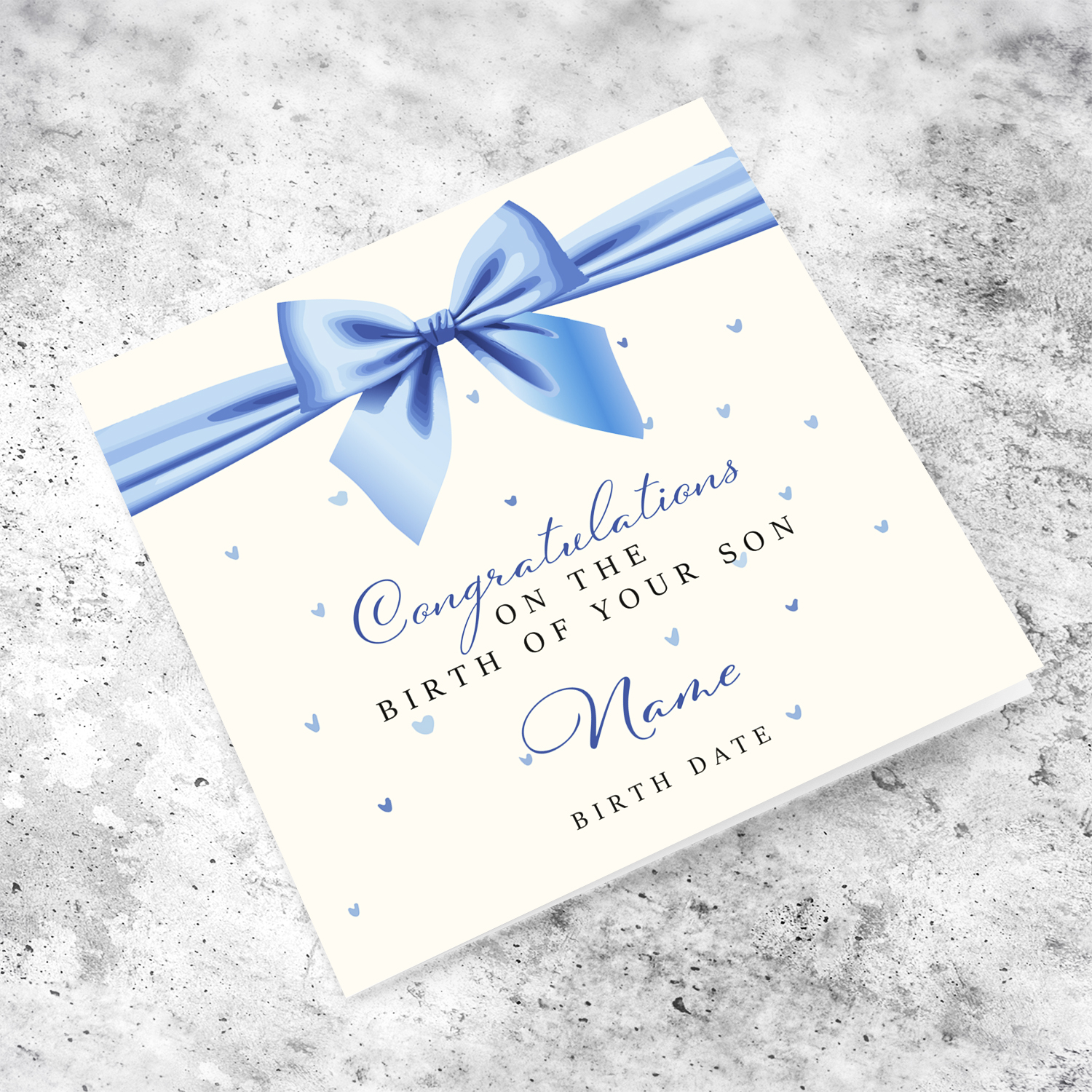 A cute new born card for boys featuring a blue bow in English (Personalisable)