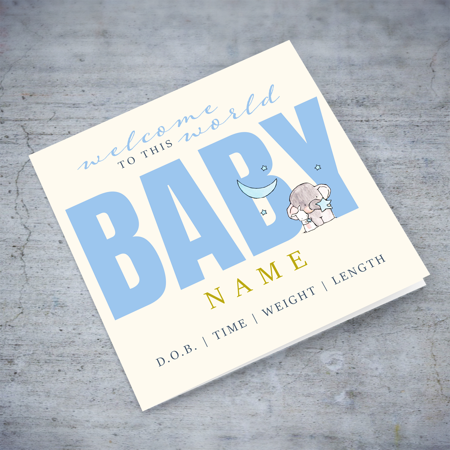 Welcome to the world baby boy - new born for boys greeting card in pastel background, featuring cute elephant and birth details in English (Personalisable)