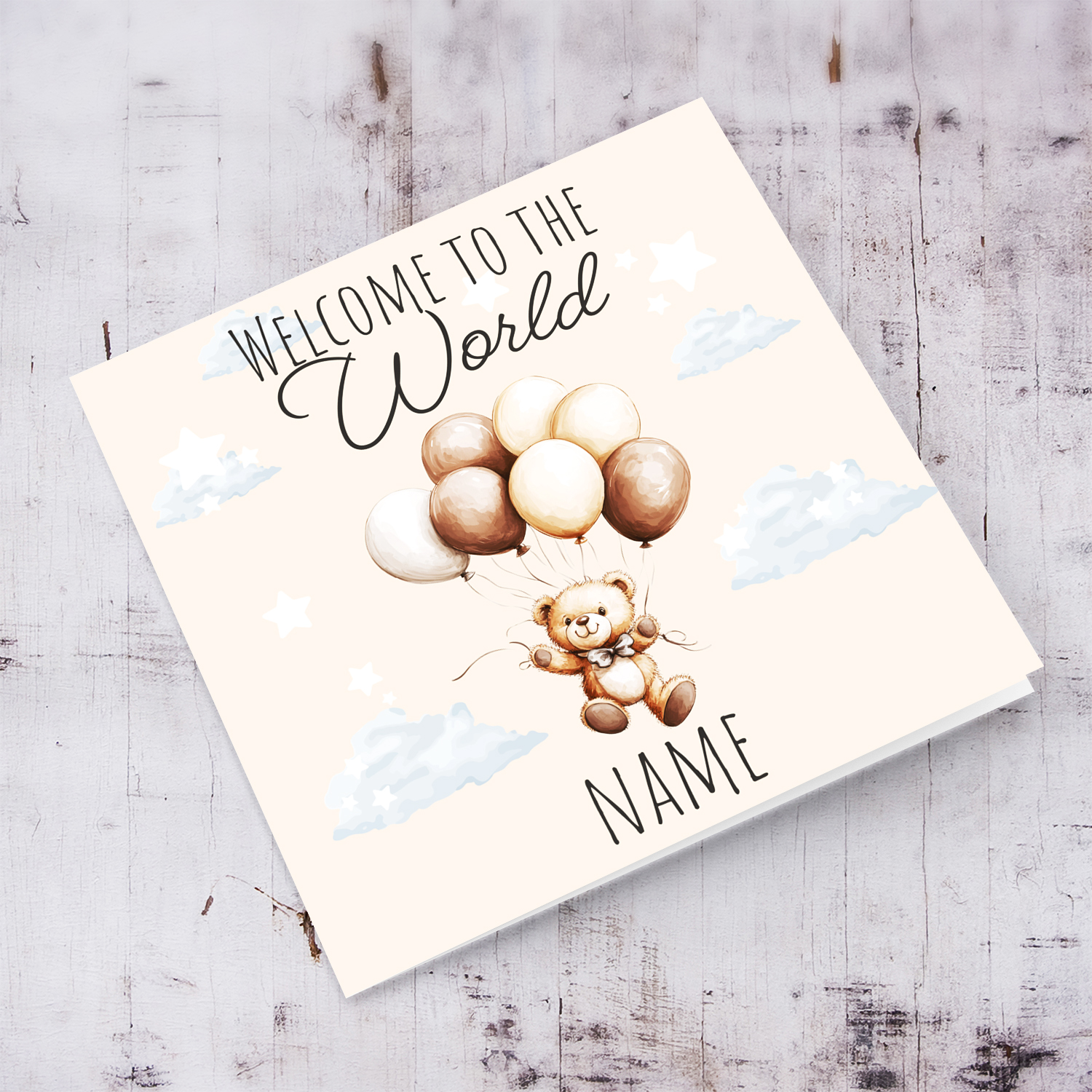 A cute bear floating with balloons new born card in neutral & unisex colours (Personalisable)