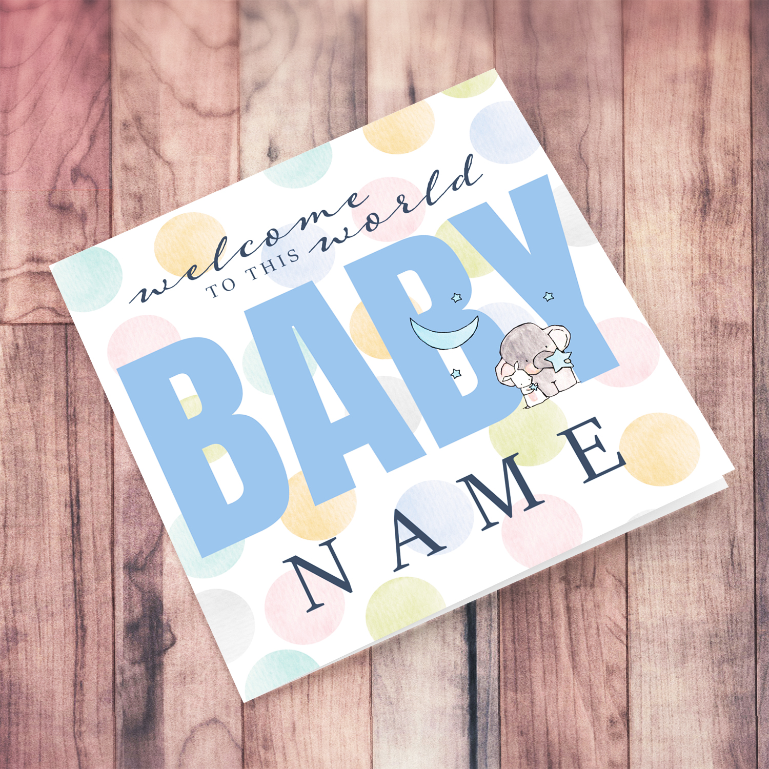 Welcome to the world baby boy - new born for boys greeting card in pastel background, featuring cute elephant in English (Personalisable)