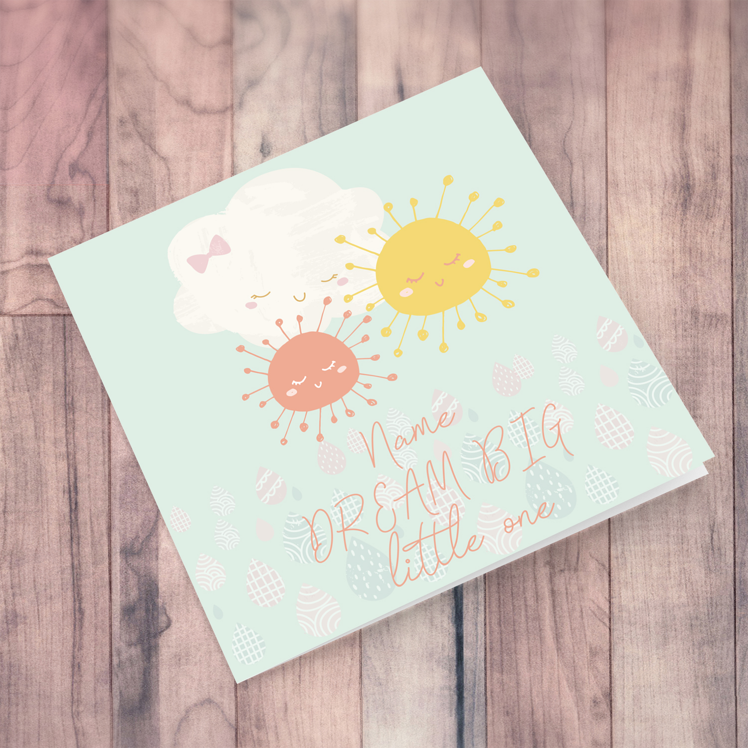 Cloud themed new born personaliseable card for girl in English