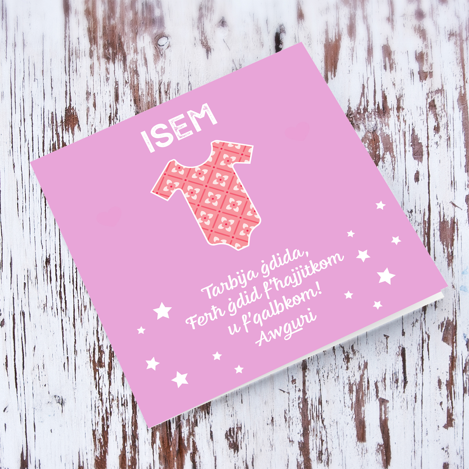 Pink baby grow themed new born personalisable card for girls in Maltese