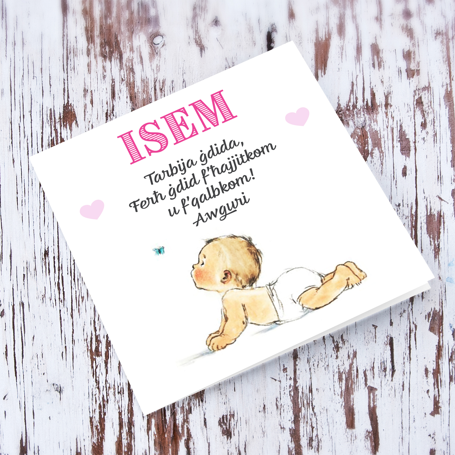 Baby with small butterfly themed new born personalisablecard for girls