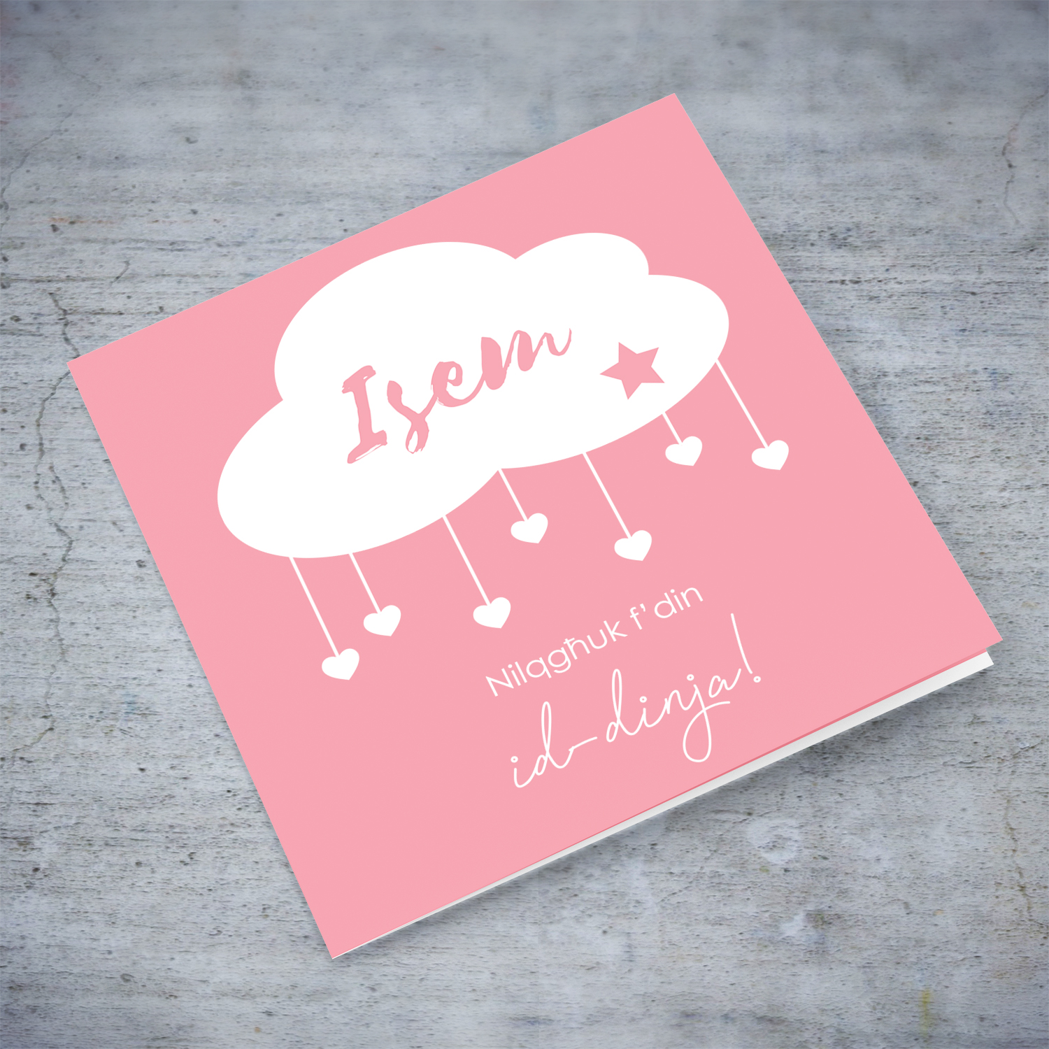Pink card with white cloud and star new born personalisable card for girls in Maltese