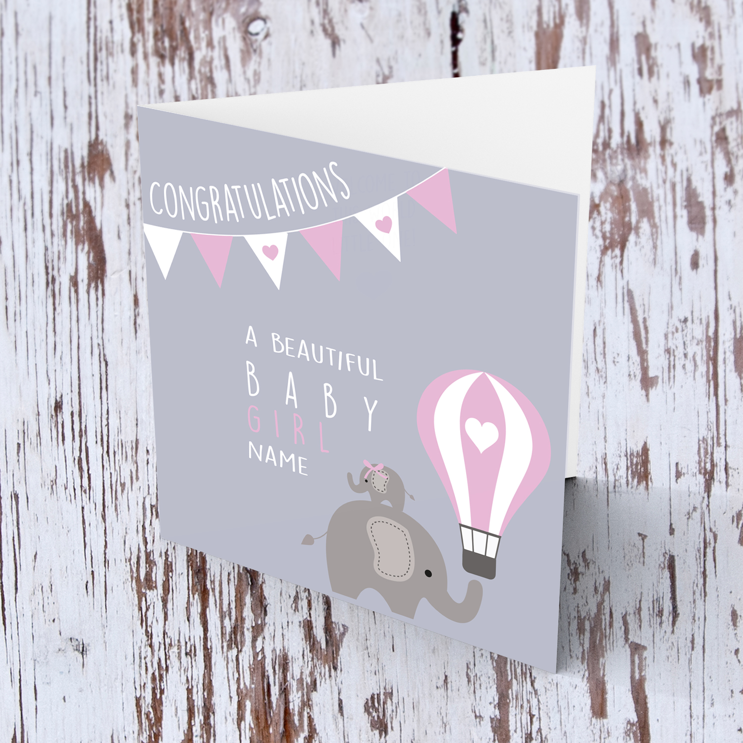 Elephant, hot air balloon with bunting - new born personalisable card for girls