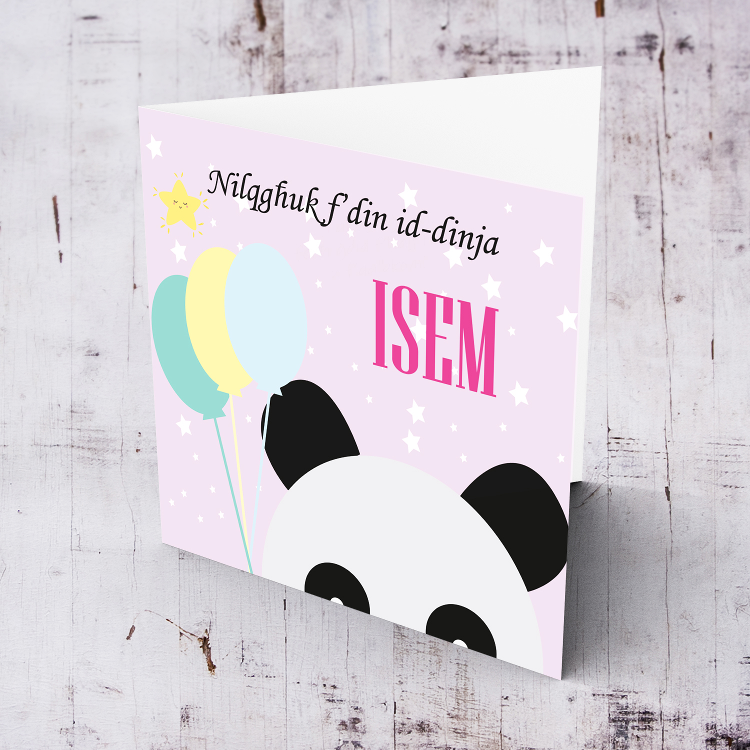 Panda holding balloons new born personalisable card for girls in Maltese