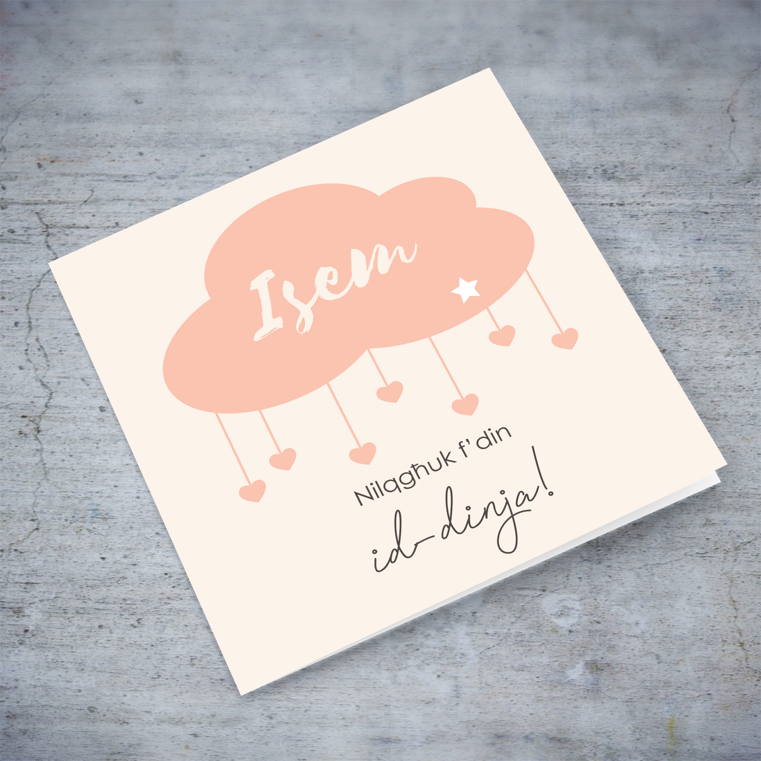Pink/peack cloud card for new born girls with white star personalisable card in Maltese
