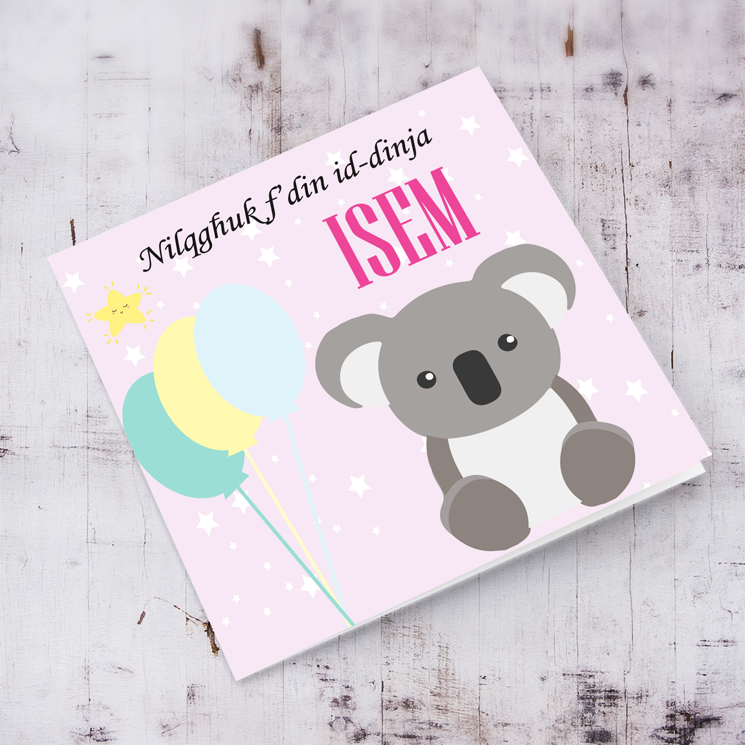 Koala and pastel coloured balloons themed new born personalisable card for girls in Maltese