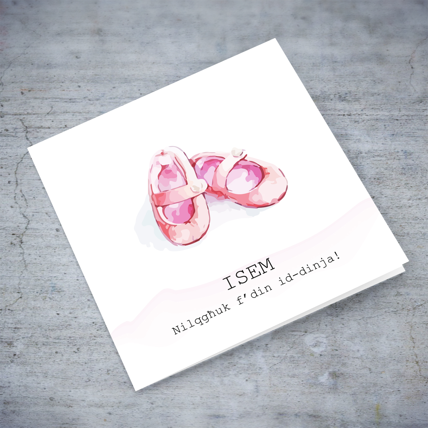 Pink Shoes themed new born personalisable card in Maltese for girls