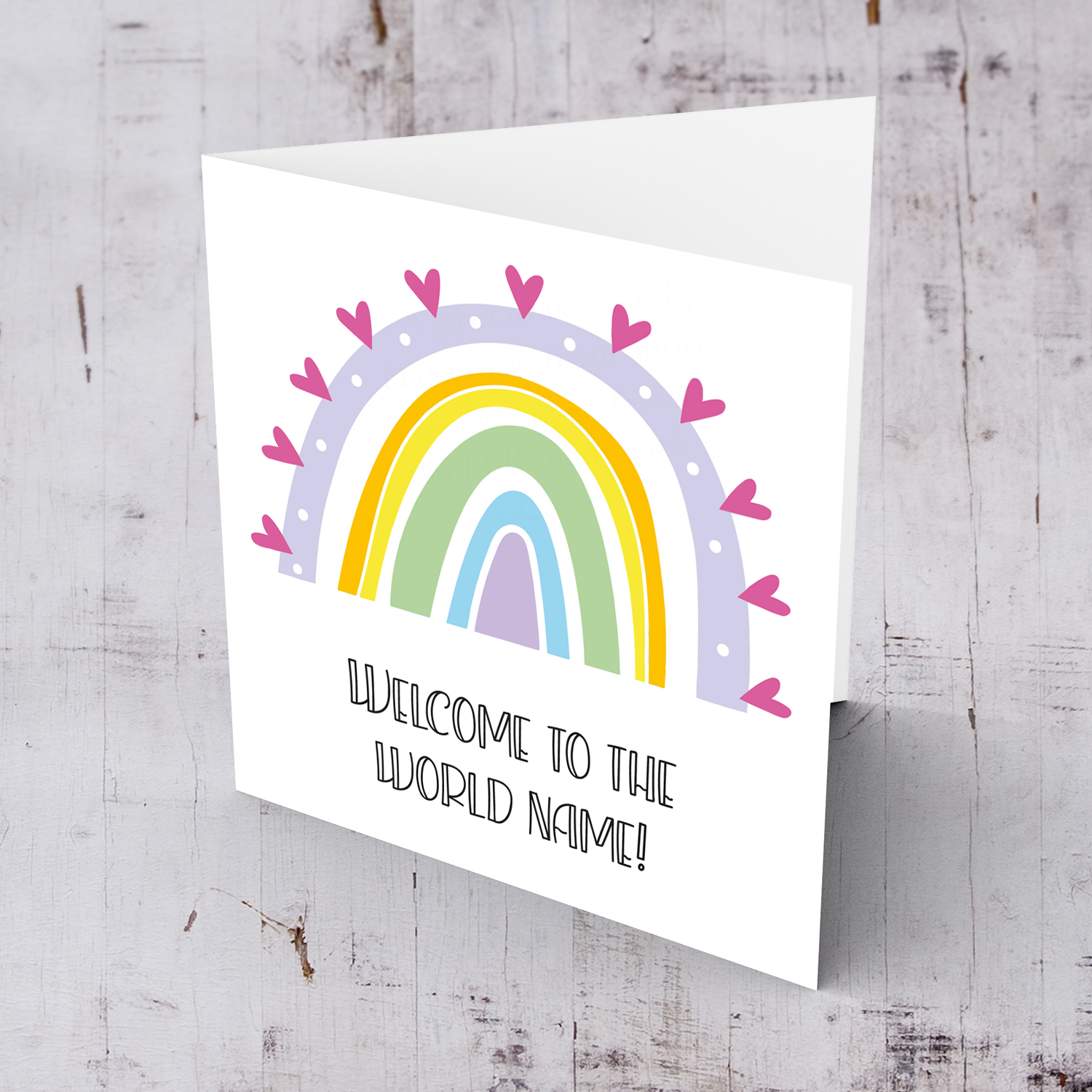 Rainbow themed new born personaliseable card for girls in English