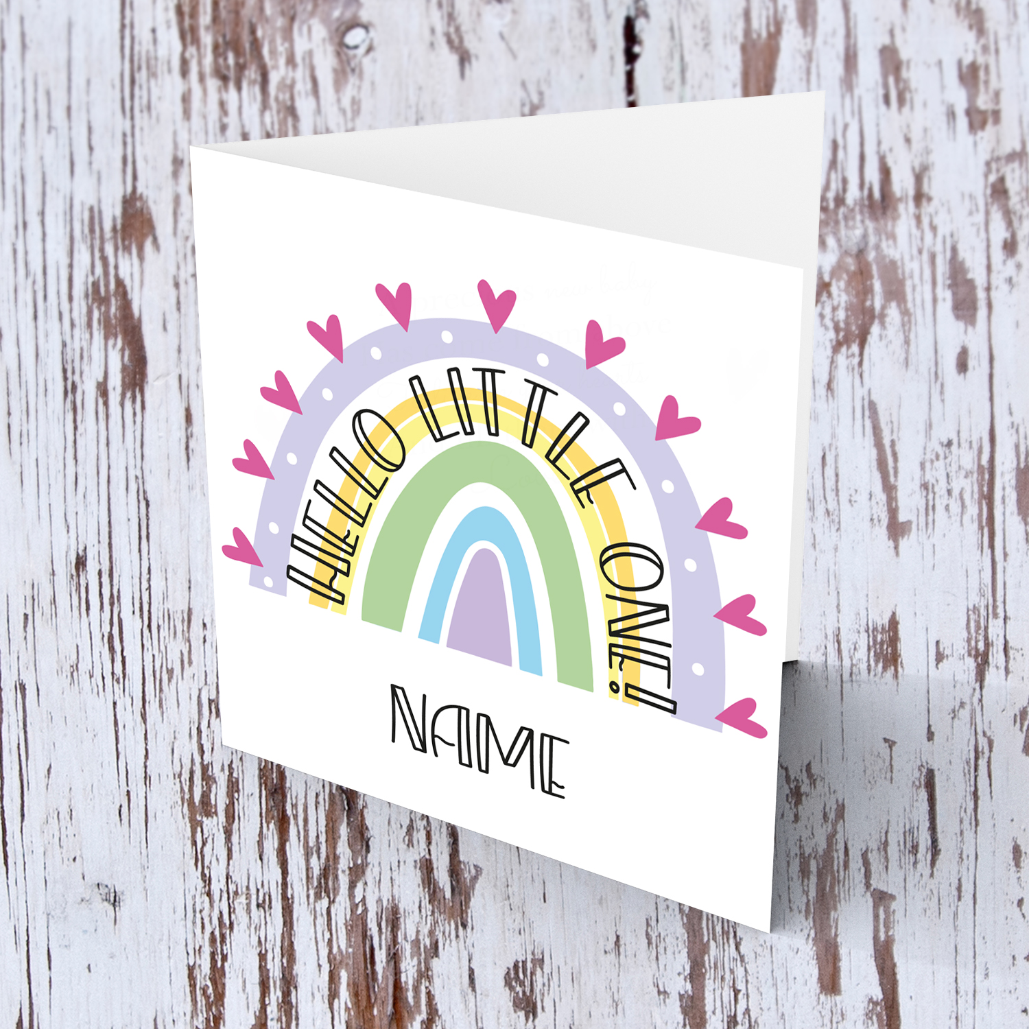 Rainbow themed new born personaliseable card for girls in English with text in rainbow