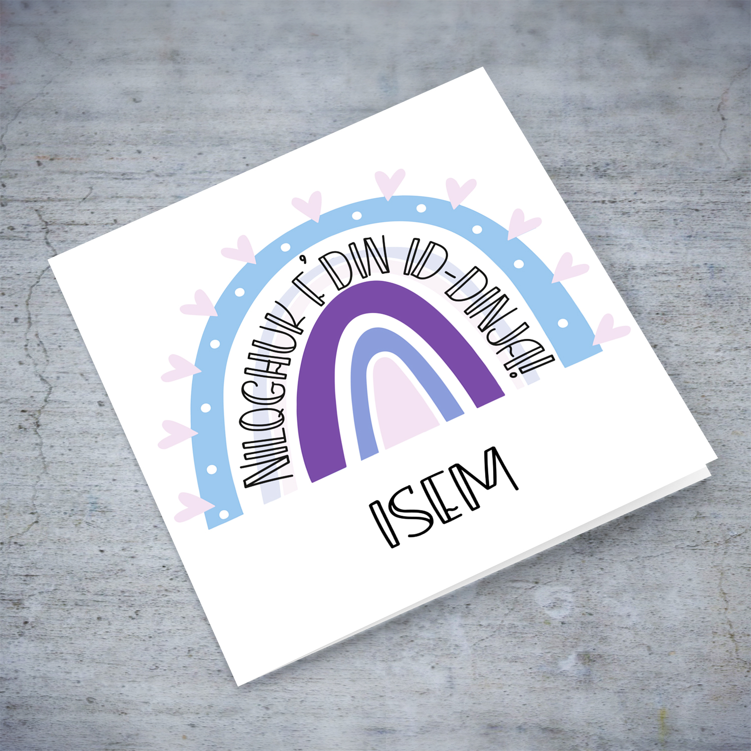 Rainbow themed with purple and blues new born personalisable card for girls in Maltese