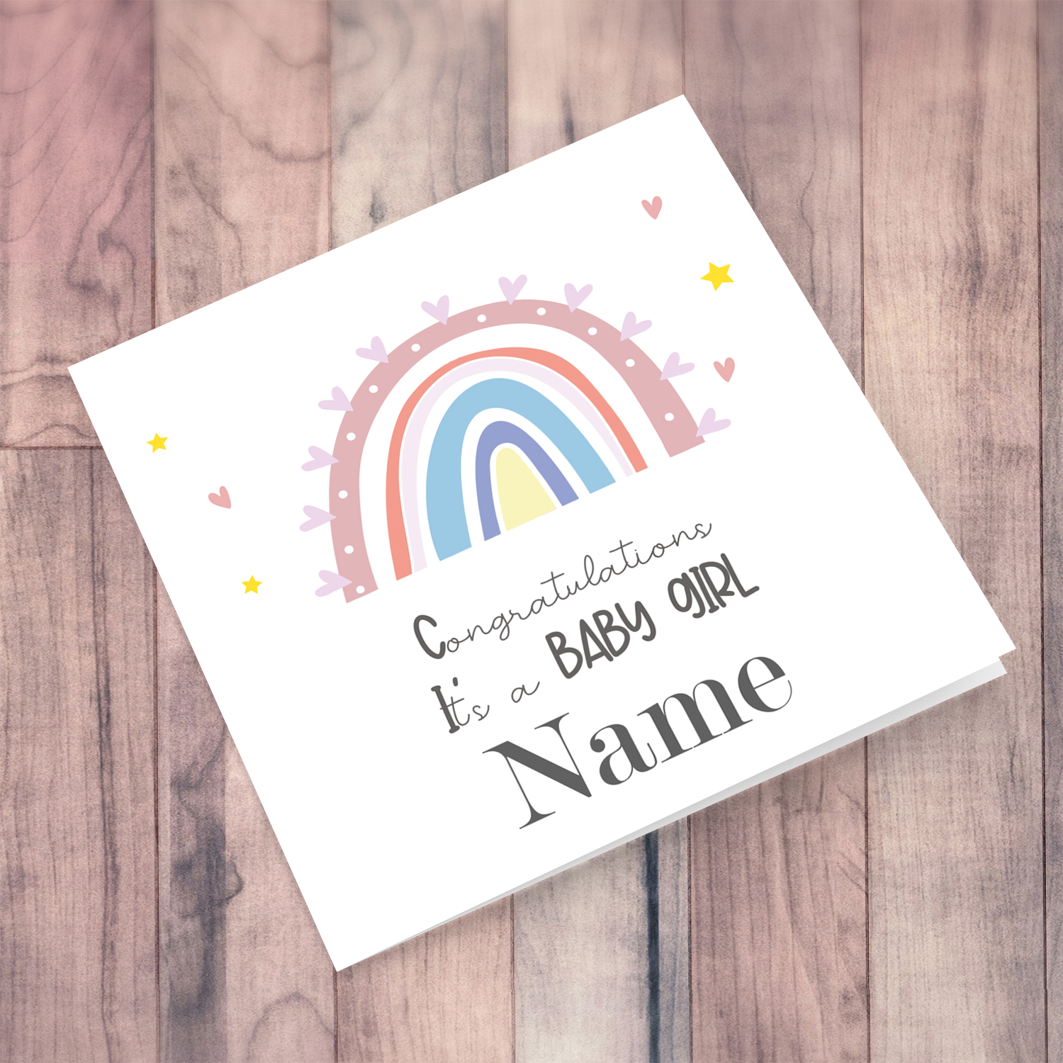 Rainbow themed new born personalisable card -It's a girl!- in English
