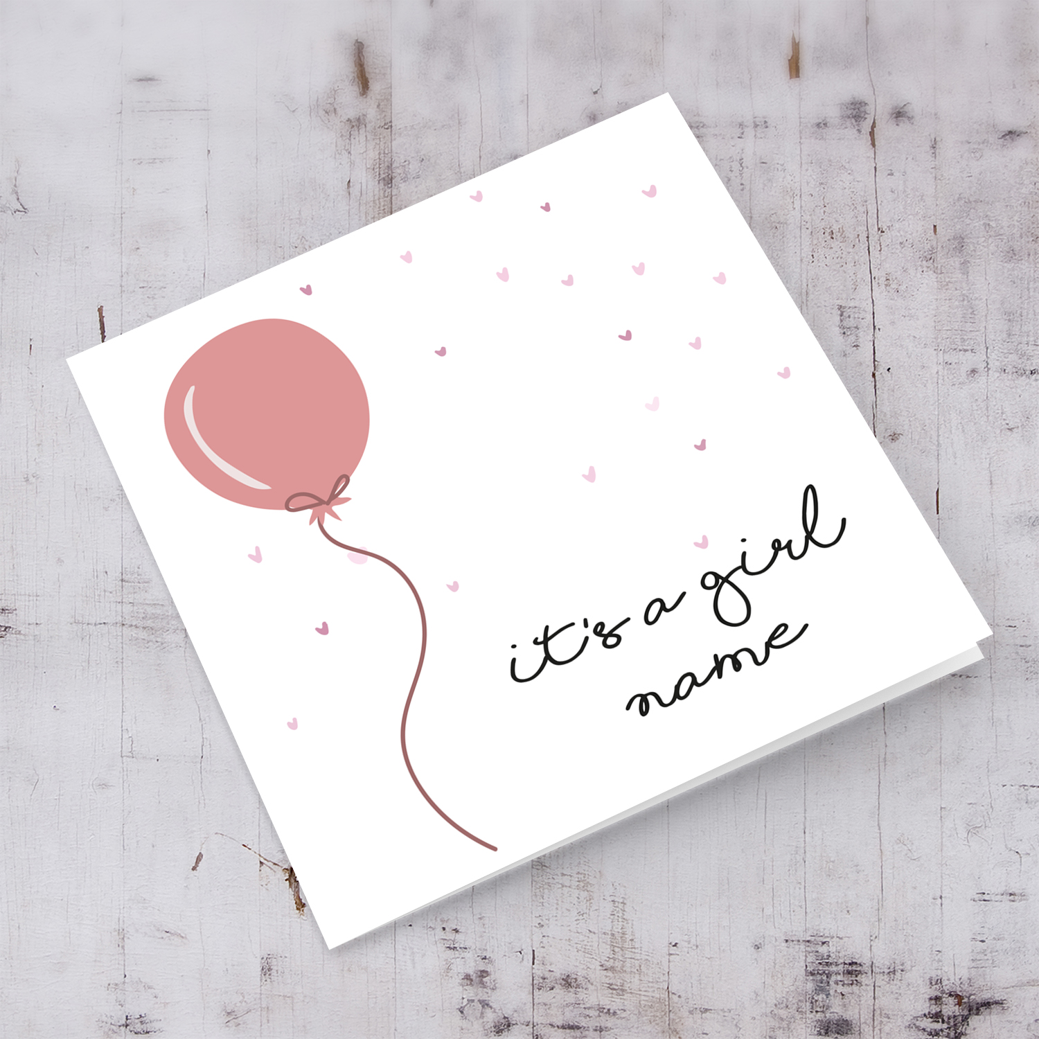 Light Pink Balloon themed new born personalisable card for girl in English