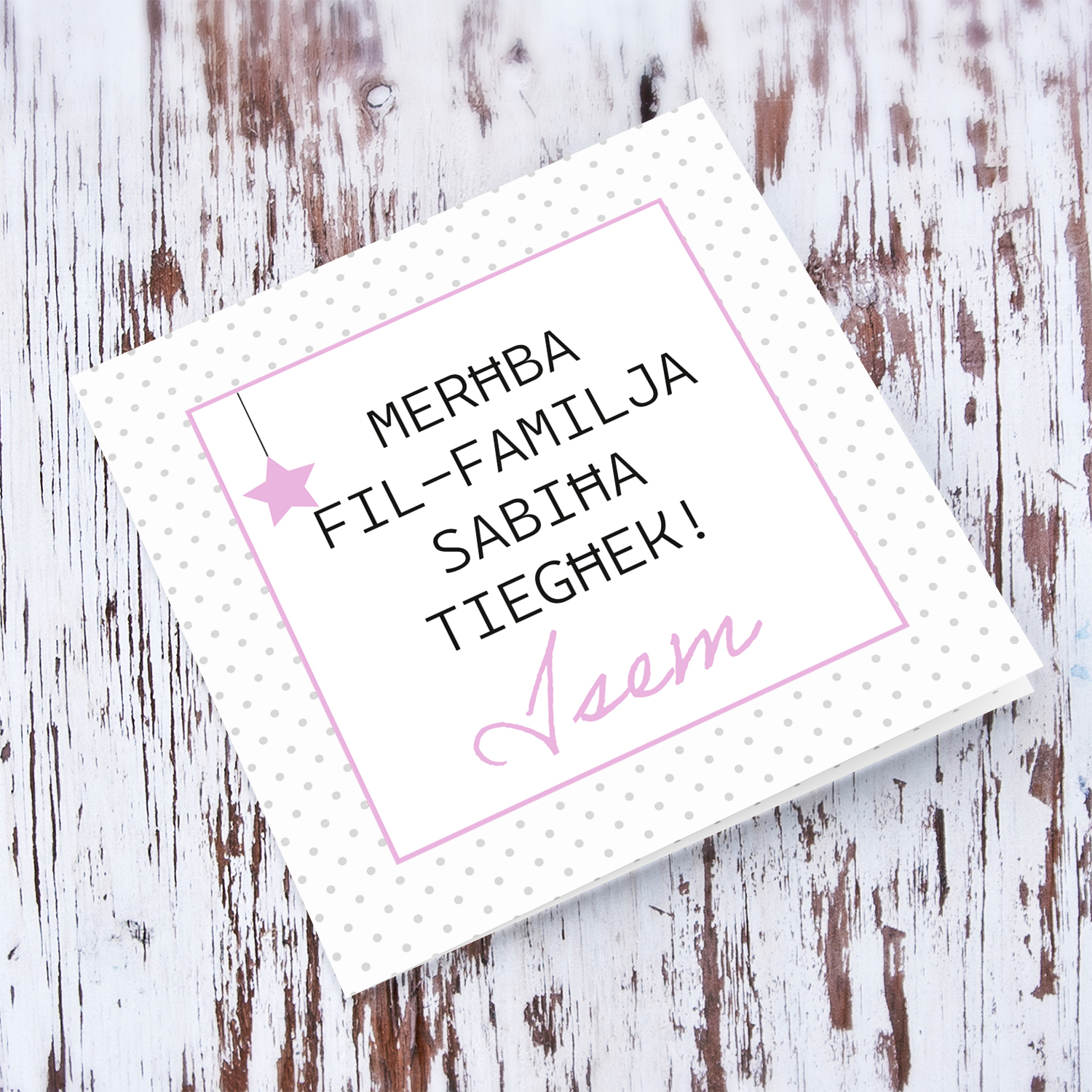 New born personalised card for girls with polka dotted background and pink square with star in Maltese