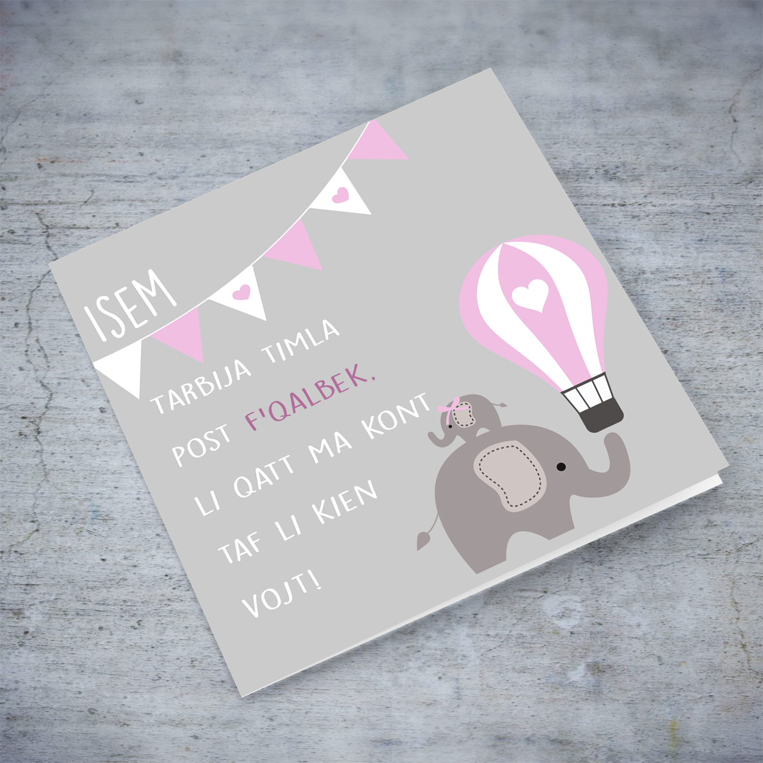 Elephant with cute hot air balloon new born personalisable card for girls in Maltese