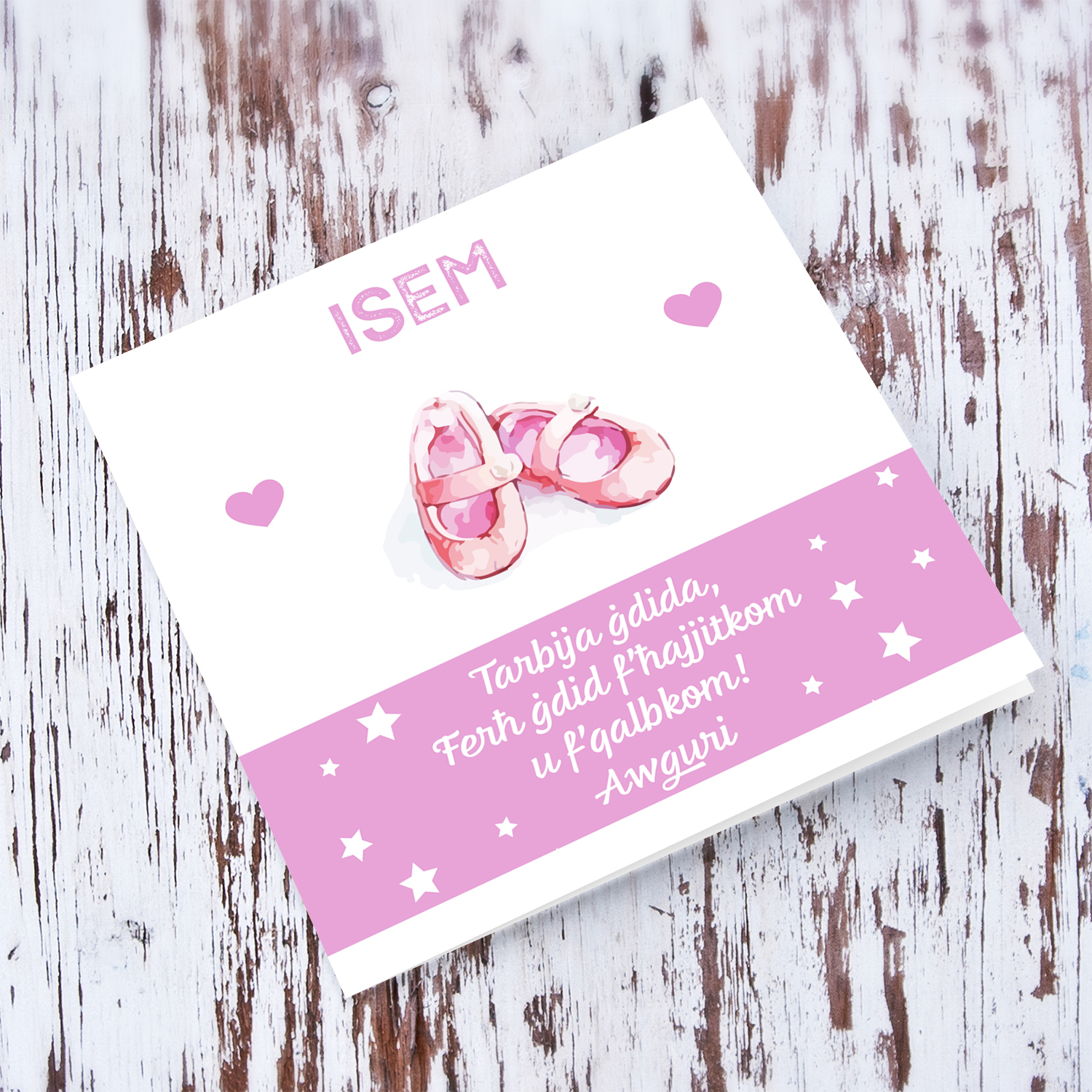 Cute shoe themed personalisable new born card in Maltese