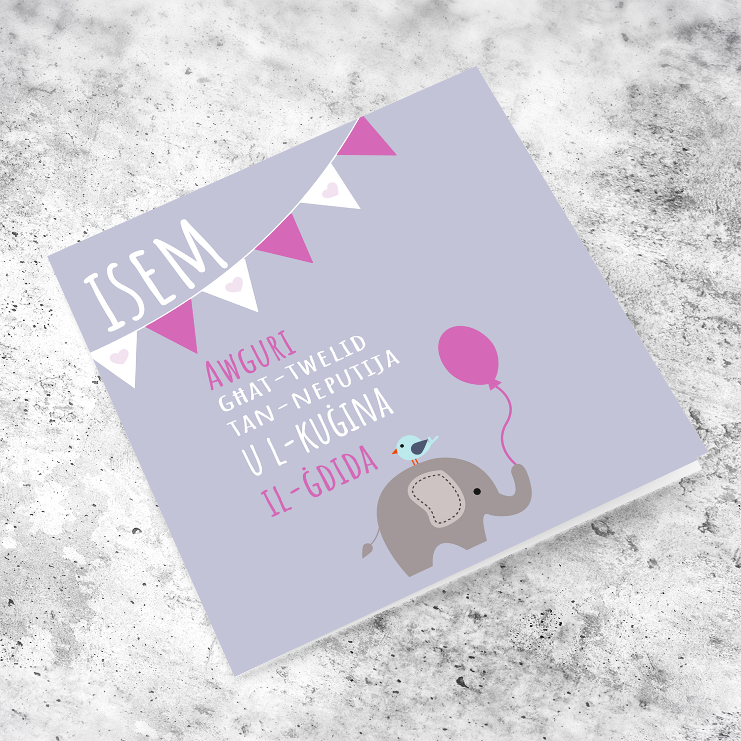 Elephant themed new born card for niece  and cousin in Maltese (Personalisable)