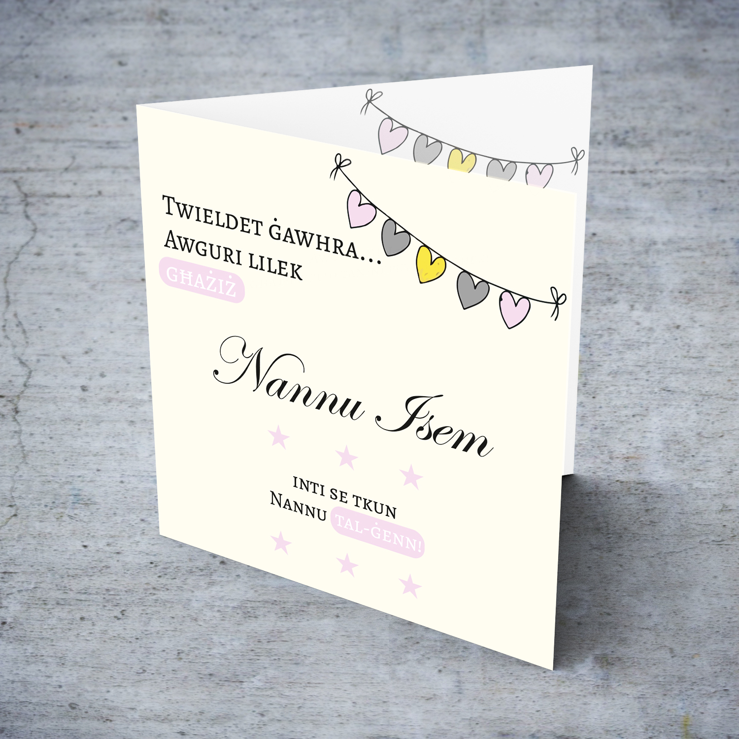 Heart bunting new born card -baby girl granddaughter - for Grandpa (Nannu) in Maltese