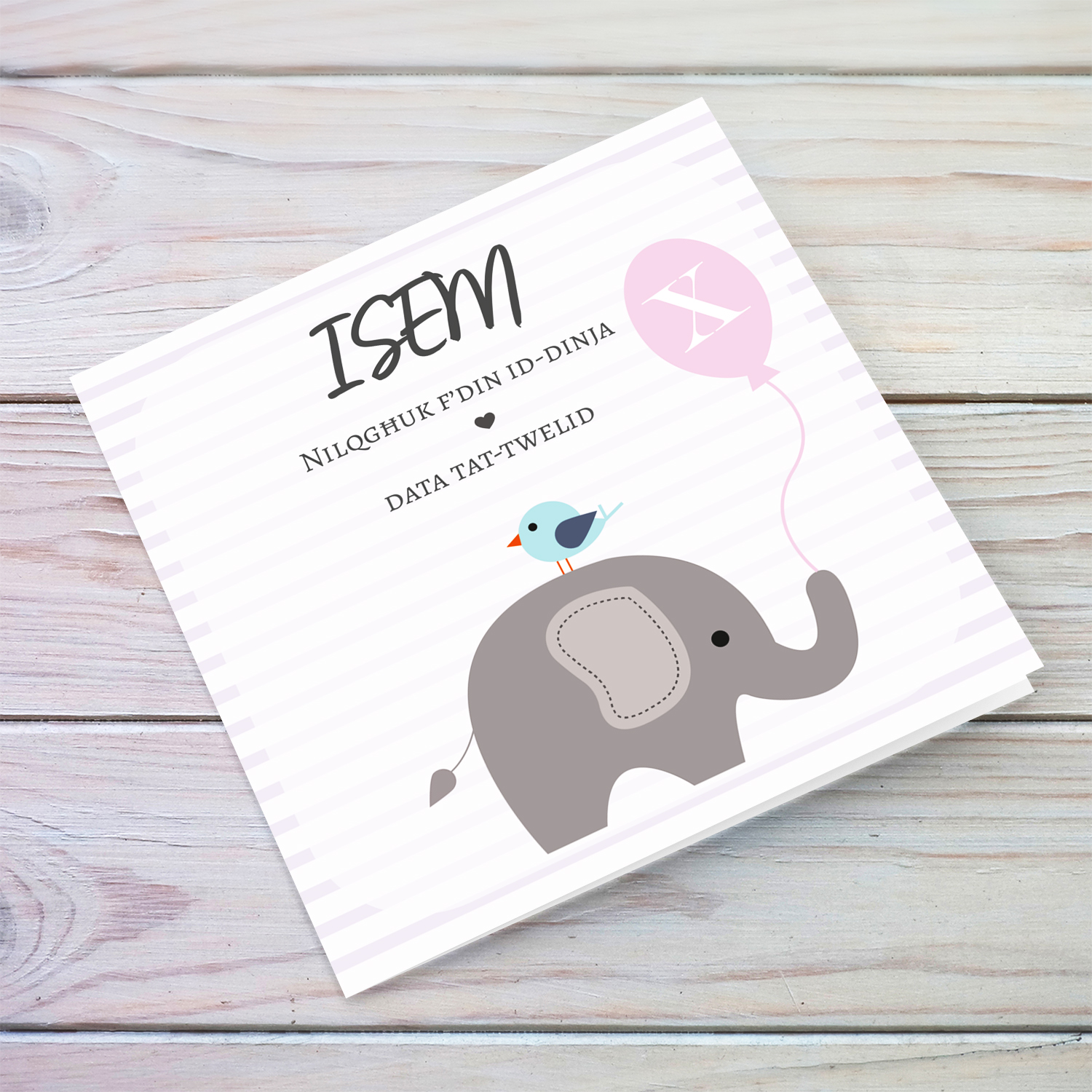 Pink and white striped background with bird and elephant holding balloon with initial new born card for girls in Maltese (Personalisable)