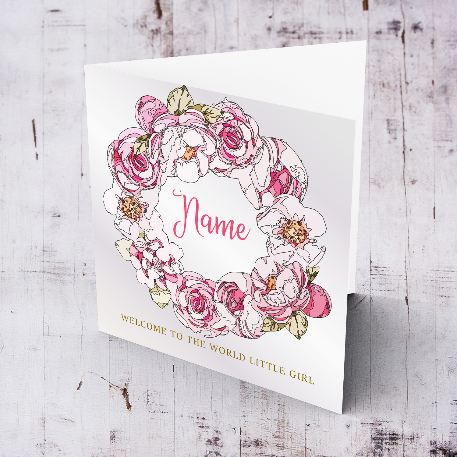 Tones of pink floral wreath new born card for girls in English