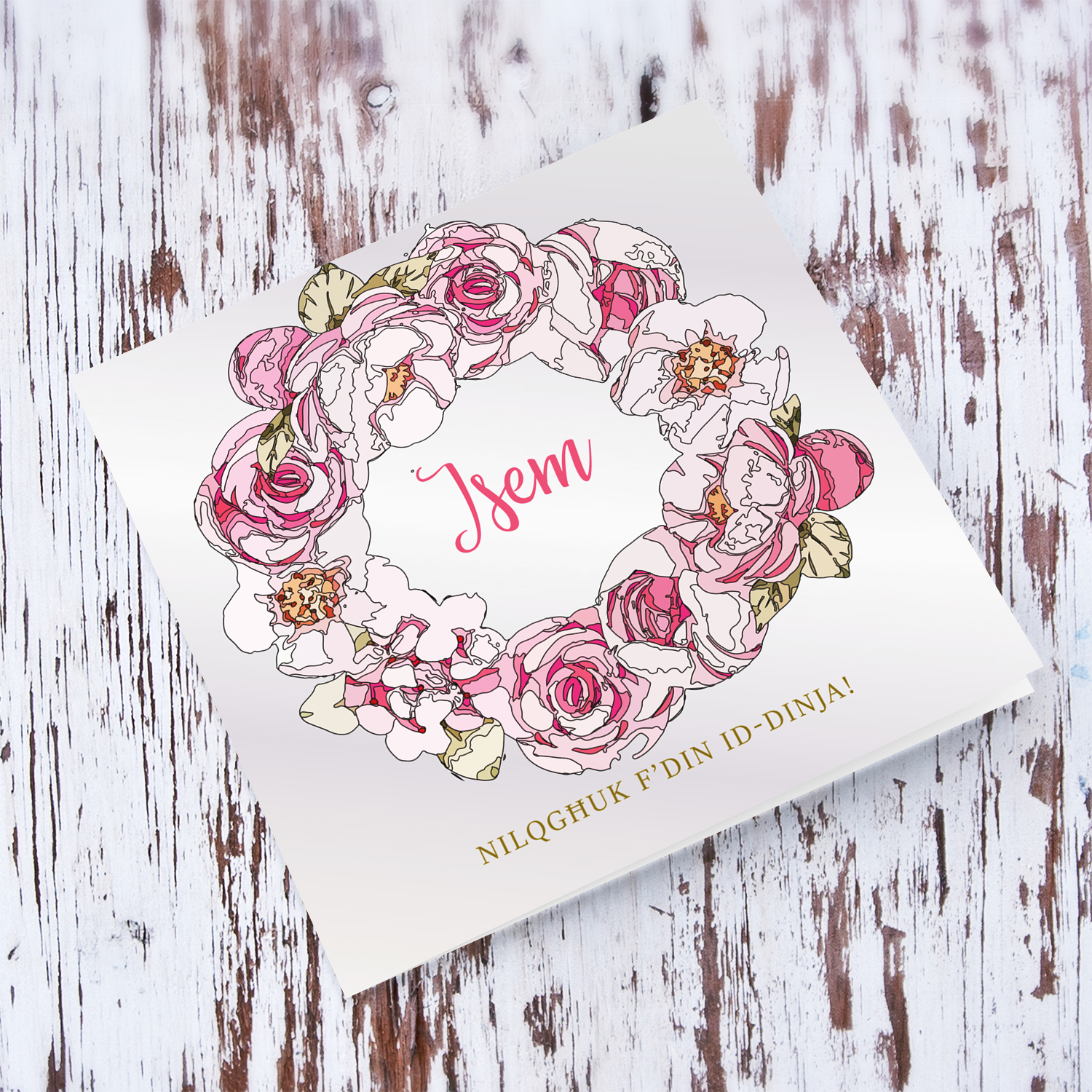 Tones of pink floral wreath new born card for girls in Maltese