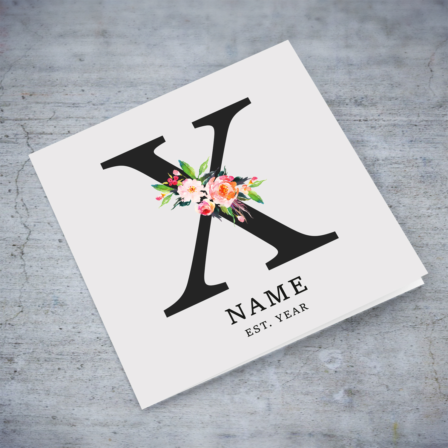 Initial new born card for girls with pink flowers in English