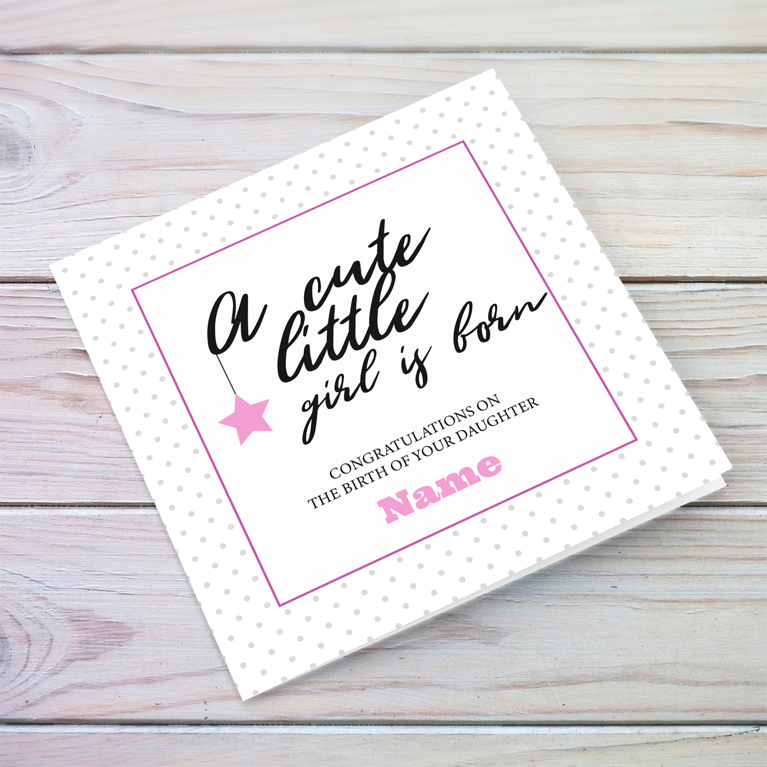 New born card for girls with polka dotted background and pink square with star in English - A cute little girl is born