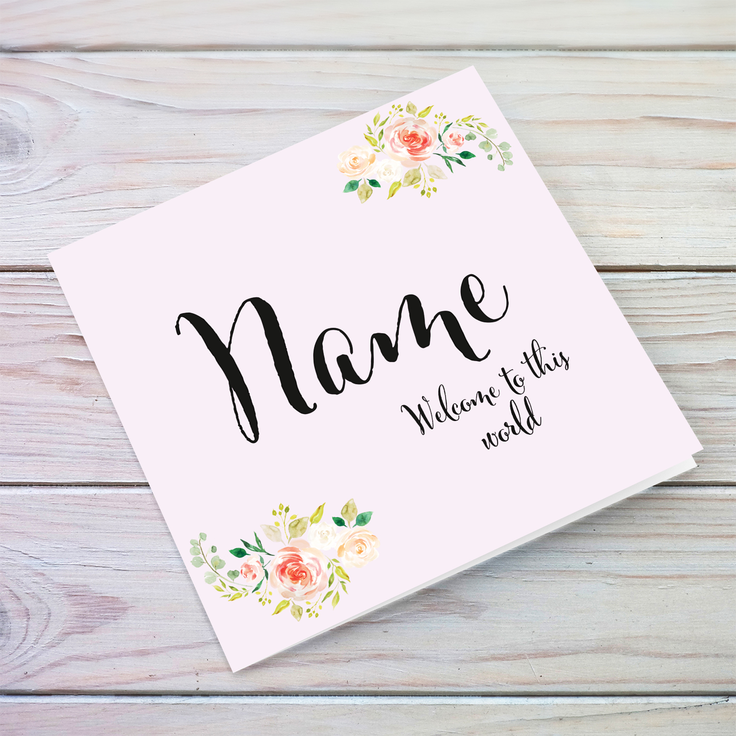 An elegant new born card for girls with elegant flowers in English (Personalisable)