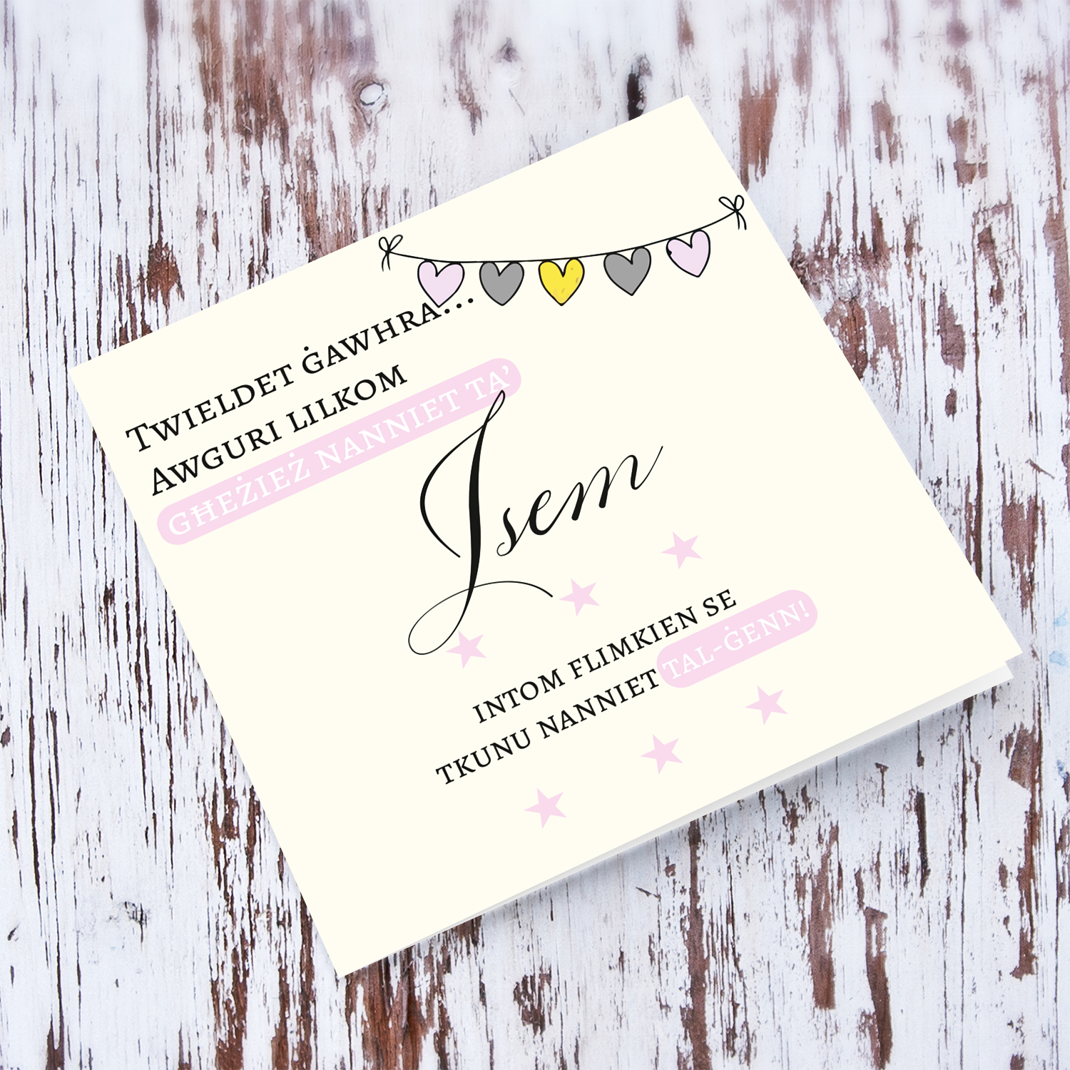 Heart bunting new born card - baby girl granddaughter - for grandparents in Maltese (Personalisable)