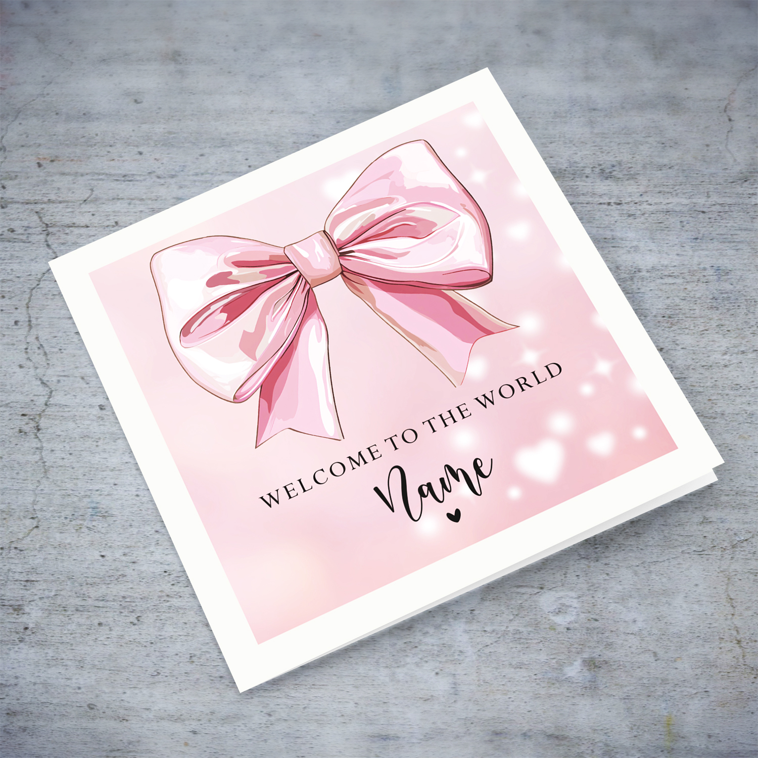 A cute newborn card for baby girl with a big pink bow in English (Personalisable)