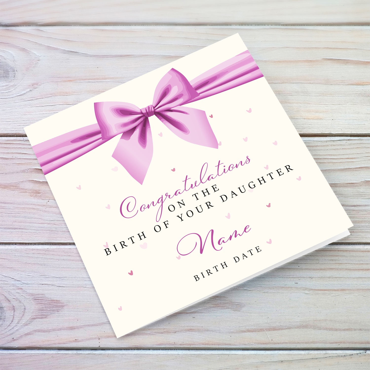 A cute new born card for girls featuring a pink bow in English (Personalisable)