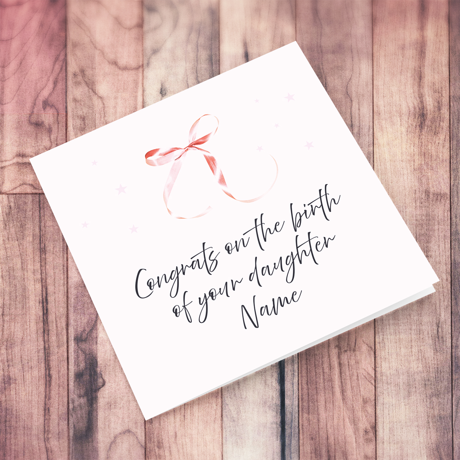 Minimalist and dainty new born card with cute pink bow and light pink background in English (Personalisable)