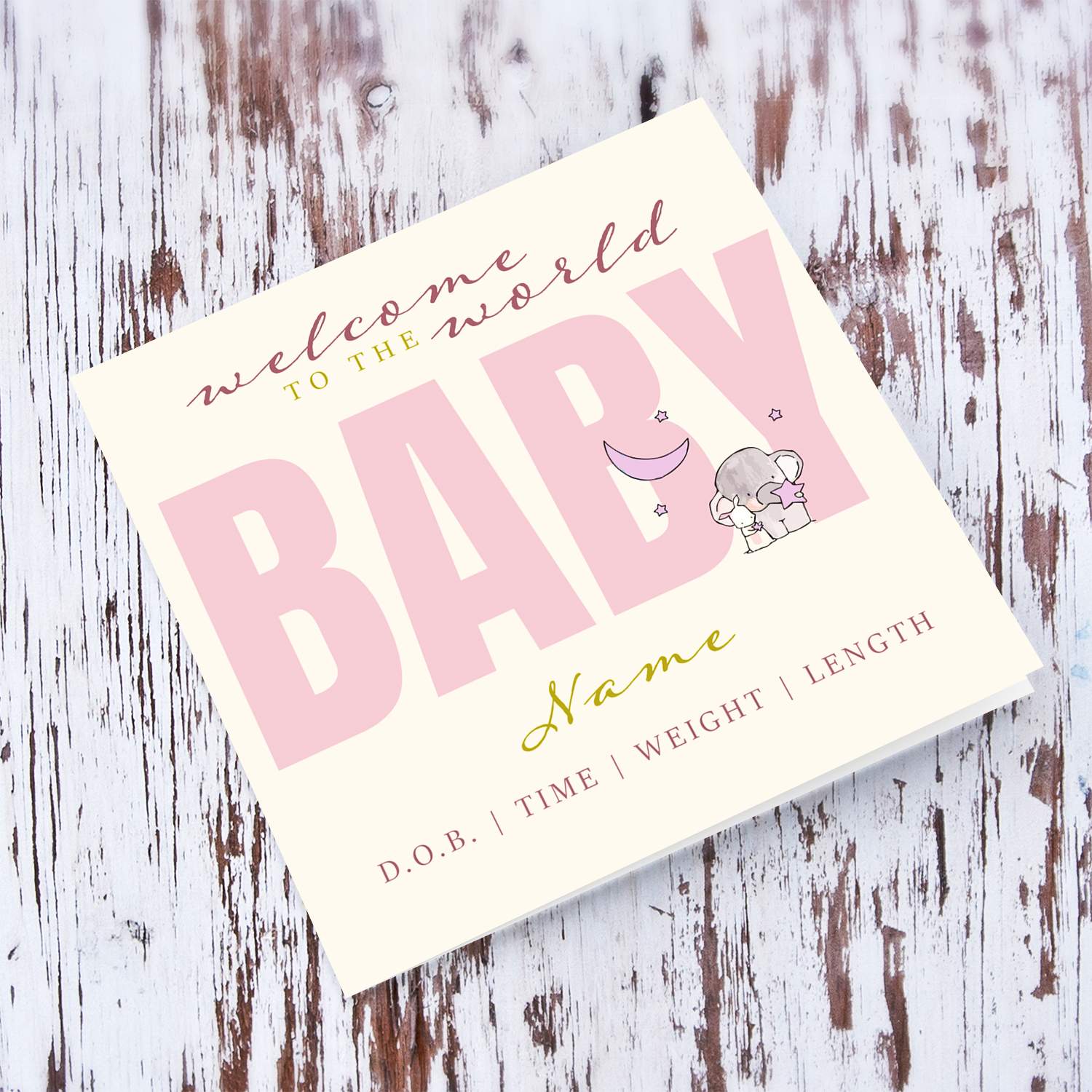 Welcome to the world baby girl - new born for girls greeting card in a cream background, featuring cute elephant and birth details in English (Personalisable)