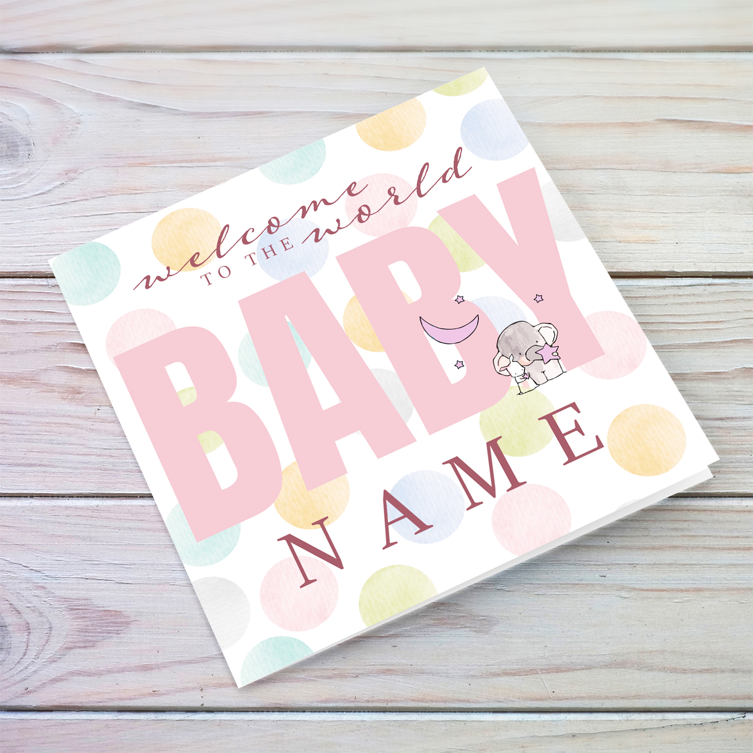 Welcome to the world baby girl - new born for girls greeting card in pastel background, featuring cute elephant in English (Personalisable)