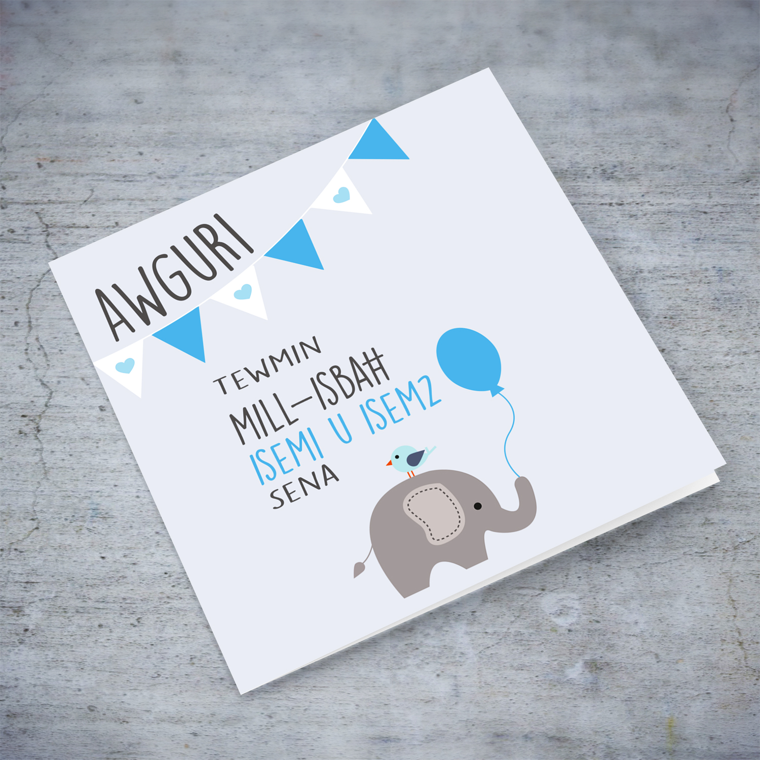 Elephant themed baptism card for boy twins with white and blue bunting in Maltese (Personalisable) 