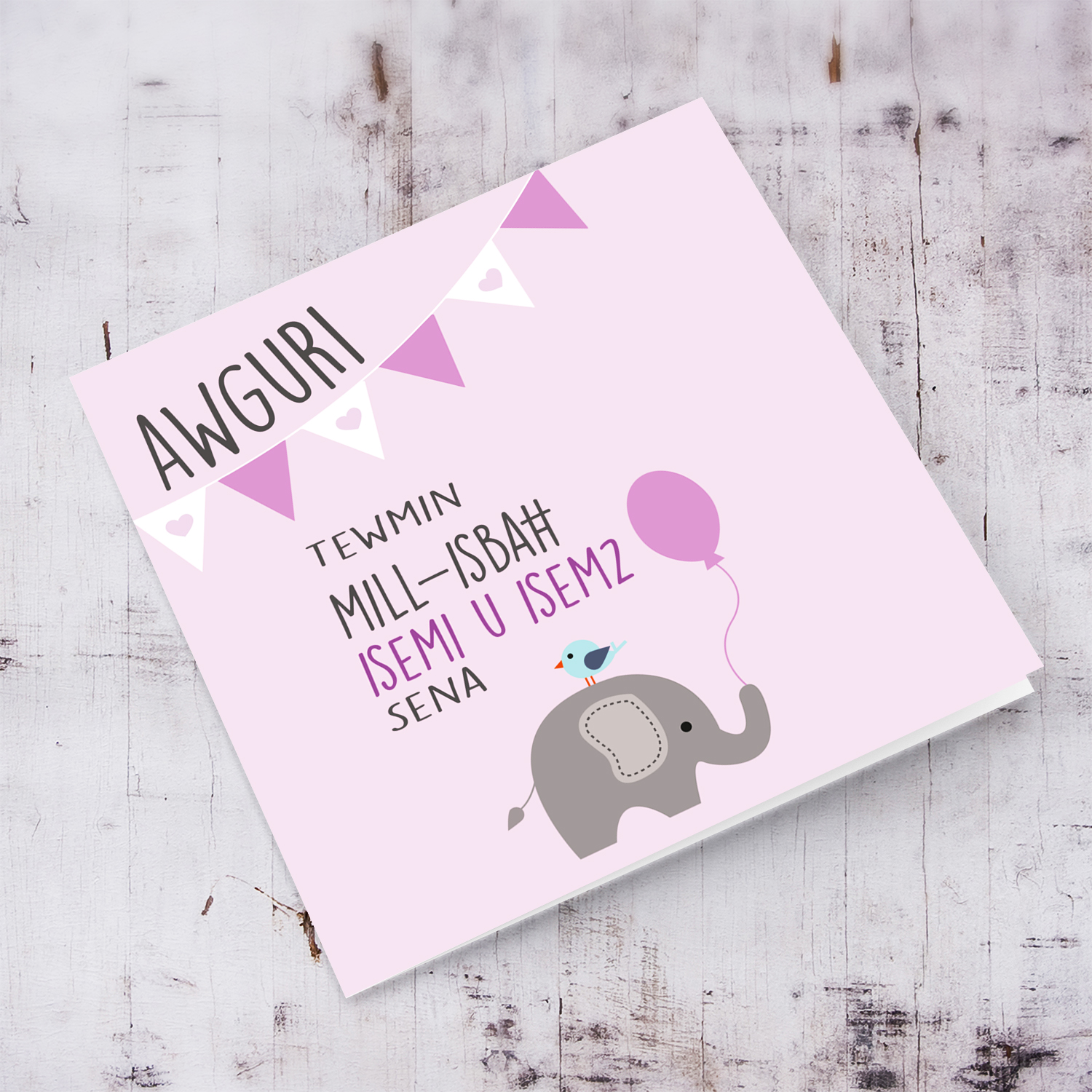 Elephant themed baptism card for girl twins with white and pink bunting in Maltese (Personalisable)