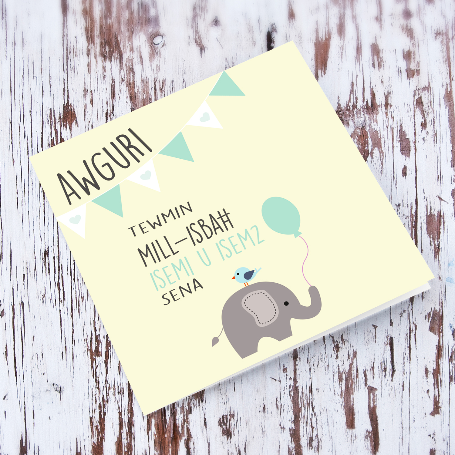 Elephant themed baptism card for twins boy & girl with white and pastel green bunting in Maltese (Personalisable & unisex)