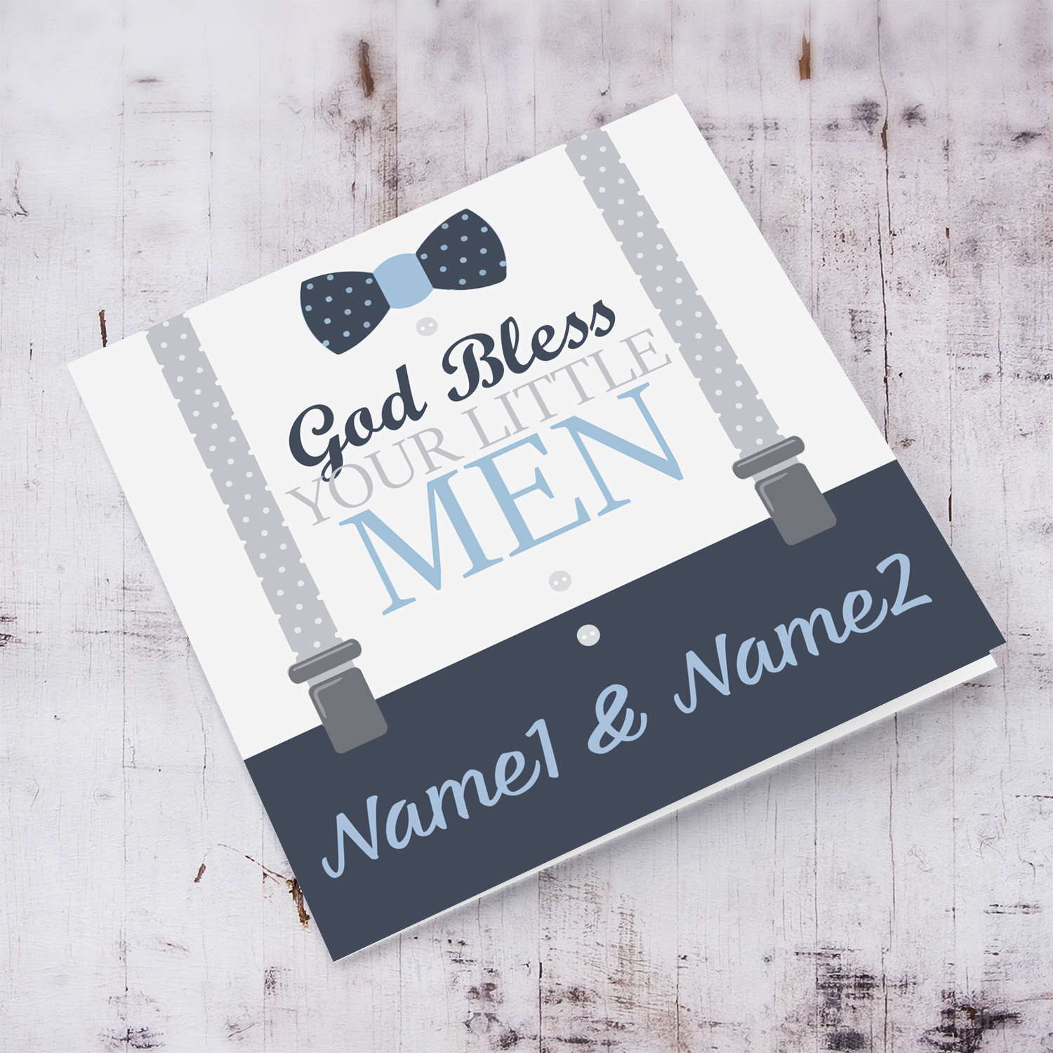 A personalisable new born card for twin boys, with cute bow in shades of light gray and blue in English