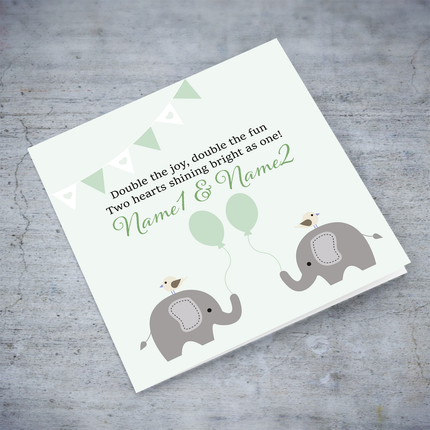 Cute elephant themed new born card featuring 2 elephants in pastel green tones in English (Personalisable)