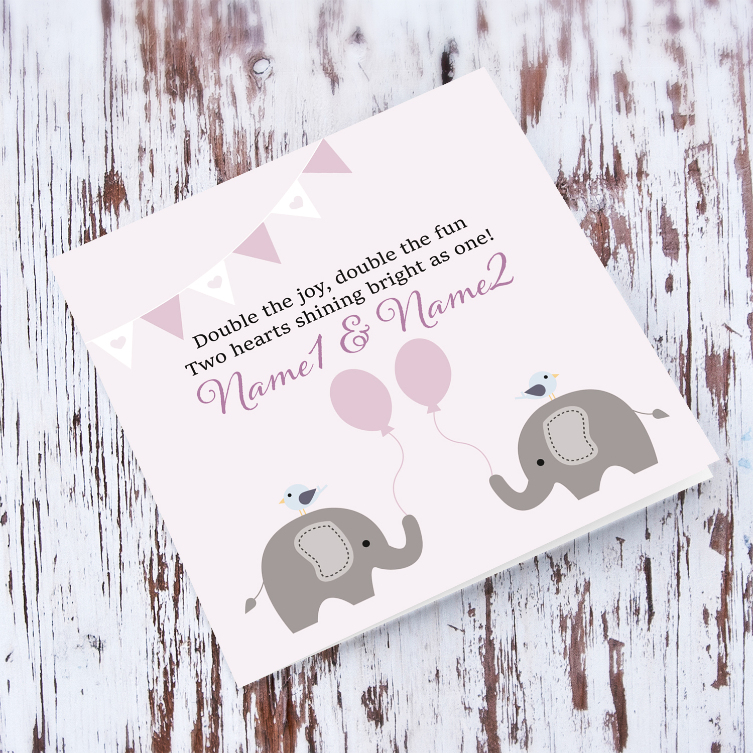 Cute elephant themed new born card featuring 2 elephants in pink tones in English (Personalisable)