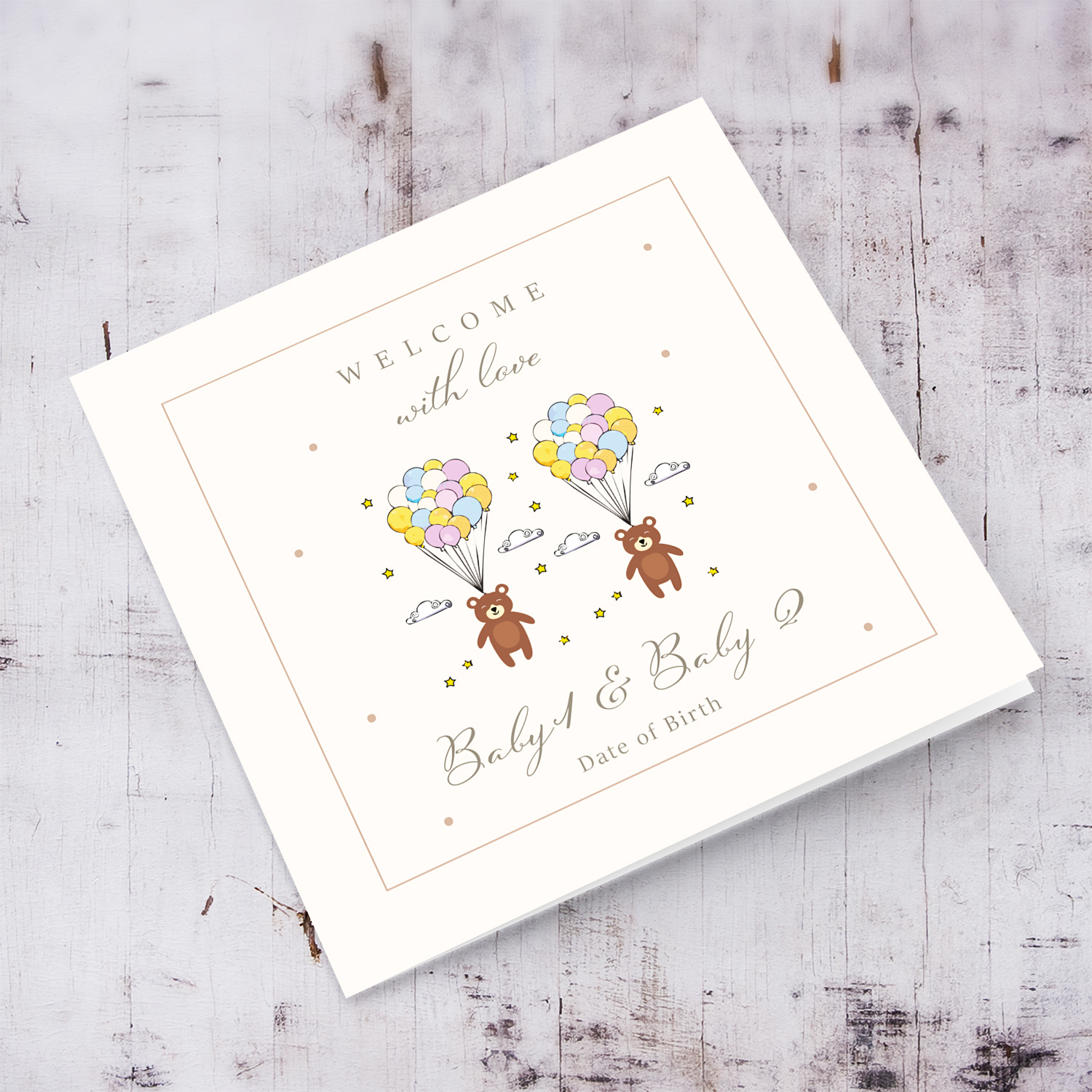 A neutral new born card for TWINS featuring a cute bear with colourful balloons stars and clouds in English (Unisex & personalisable)